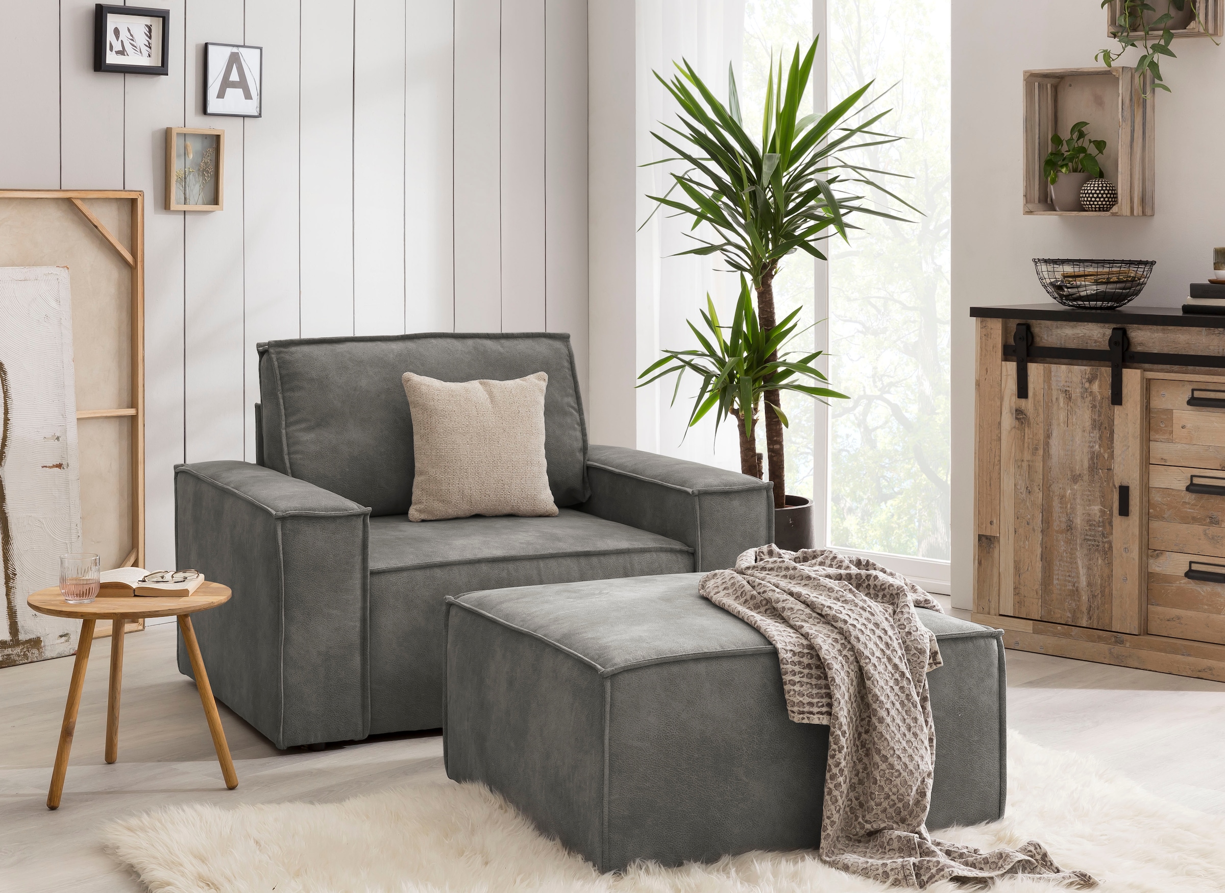 OTTO home Sessel »SHERWOOD Vintage Lederoptik Sessel-Set« Loveseat und Hocker im Set, passend zur Polster-Serie SHERWOOD