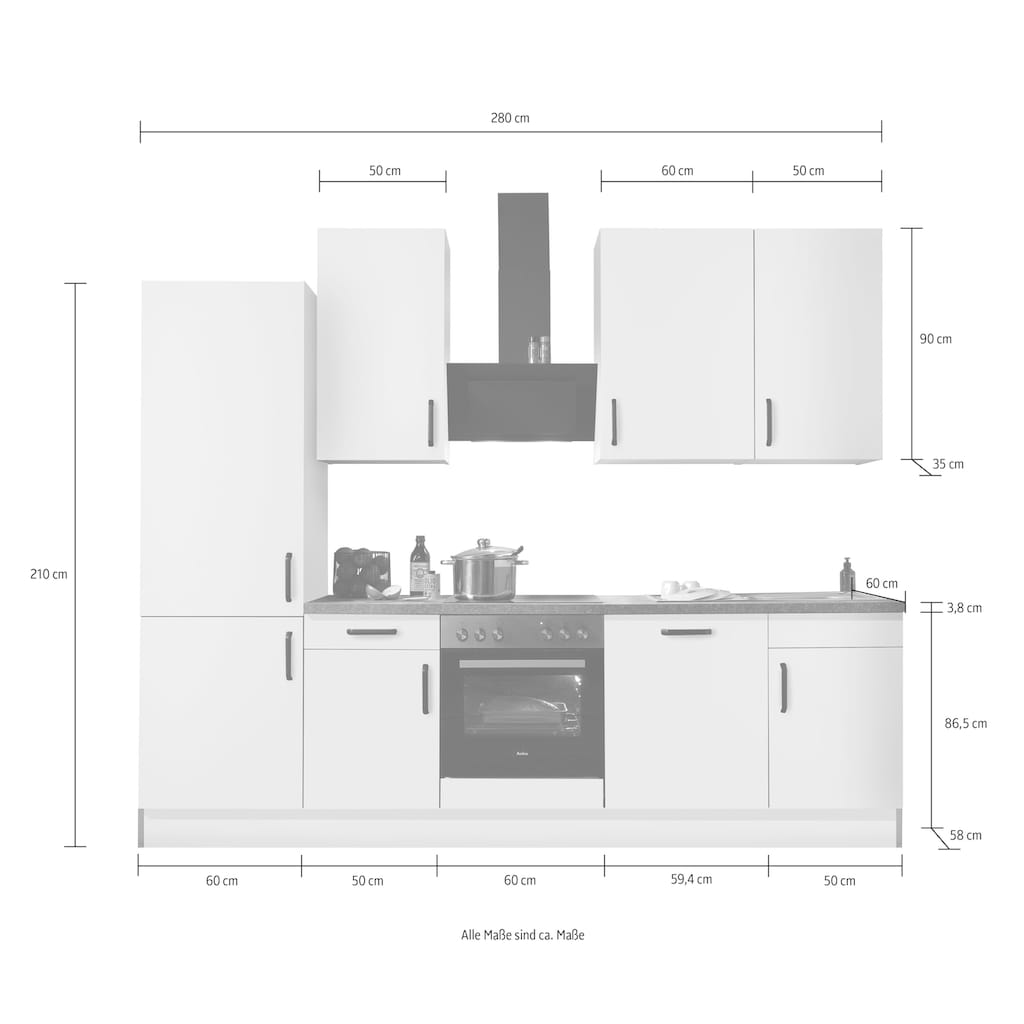wiho Küchen Küchenzeile »"Simi", mit verstellbaren Füßen, Breite 280 cm,«
