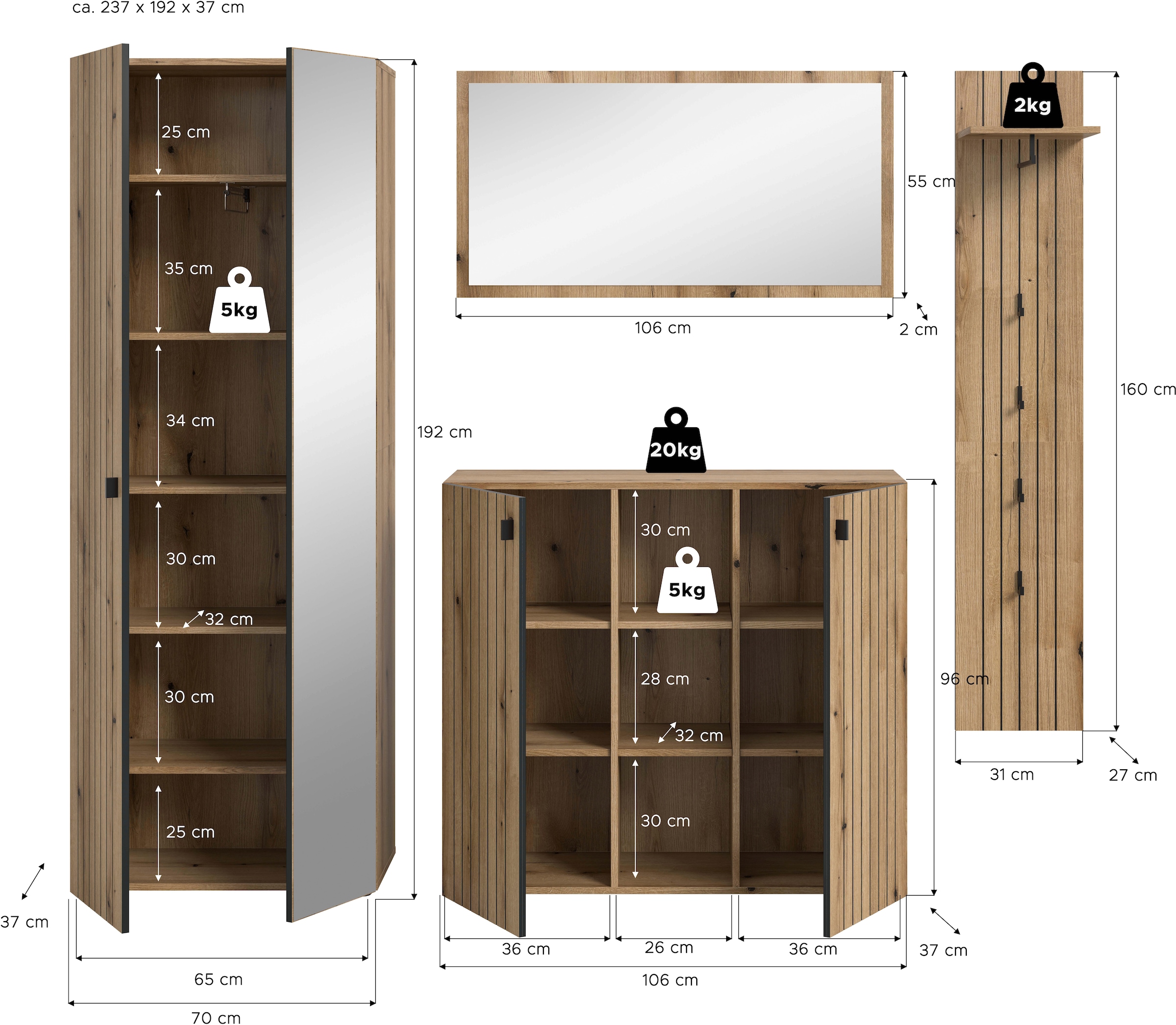 Home affaire Garderoben-Set »TATIO, 4-tlg. Garderobenkombination, Breite: 237 cm, Rillenfräsung« Set, 1 Spiegel, 1 Garderobenschrank, 1 Schuhkommode, 1 Garderobenpaneel, 4 Stk. tlg.