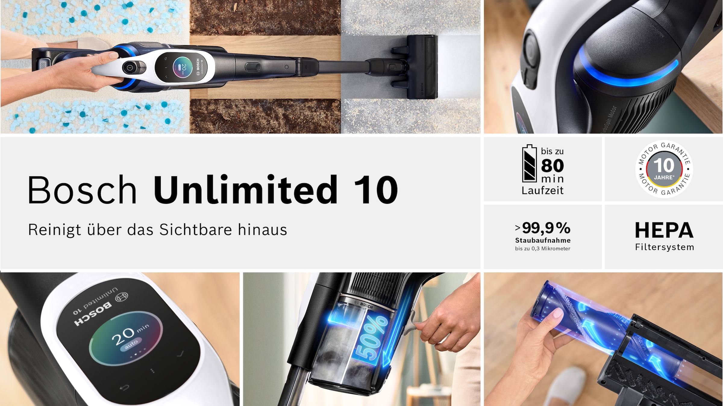 BOSCH Akku-Stielstaubsauger »Unlimited 10 BTS1042WAC, MicroClean™ Technology, 10 J. Motorgarantie« Display, Knickrohr, HEPA-Filtersystem, Schnellladegerät, 2 Akkus, weiß