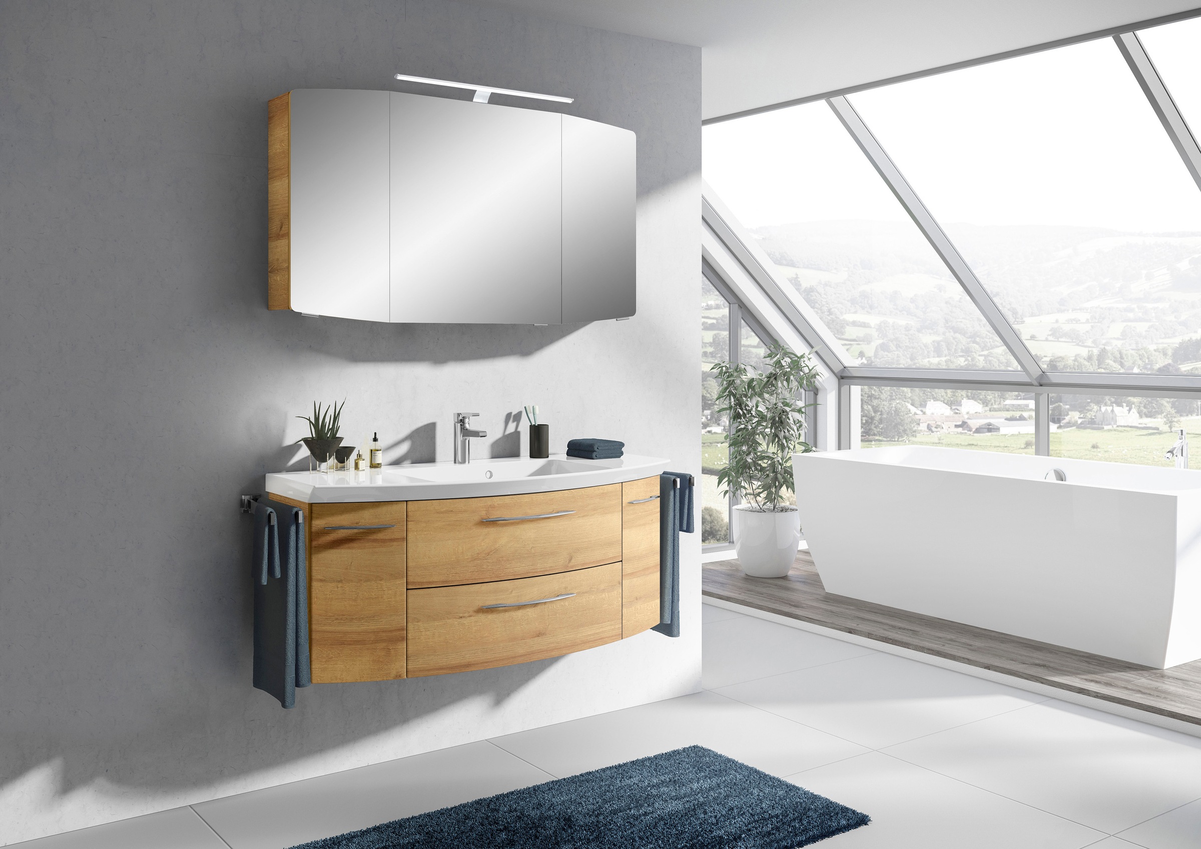 Saphir Badmöbel-Set »Cassca Sprint 2-teilig Mineralmarmor-Waschtisch mit LED-Spiegelschrank«, (2 St.), Waschplatz 121 cm breit mit 5 Türen, 2 Schubladen, inkl. Türdämpfer