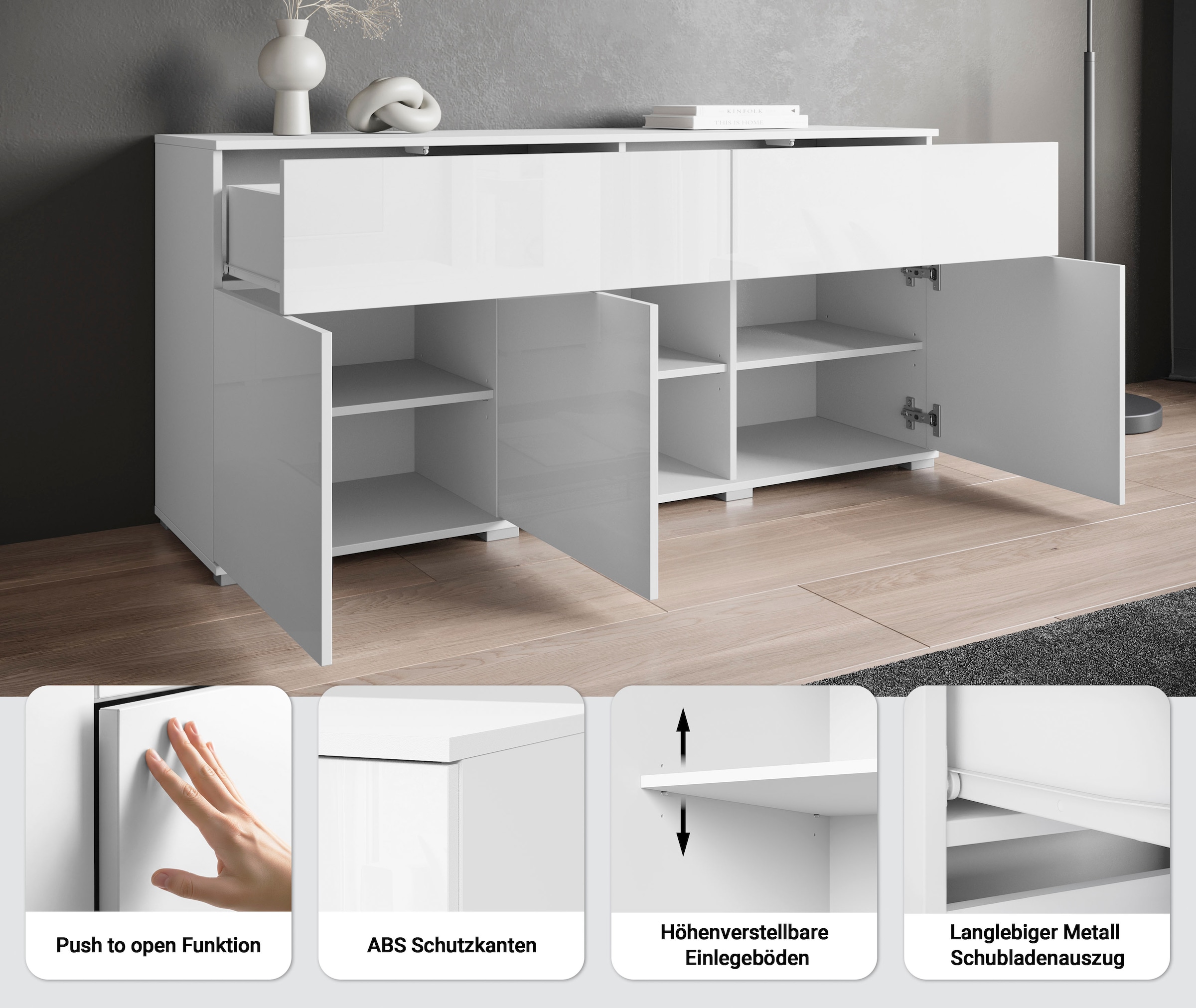 OTTO home Sideboard »Kenia, Kommode mit 3 Türen und 2 Schubladen, 150 cm breit« 1 Stk. tlg. Griffloses Design mit Push-to-Open und verstellbaren Einlegeböden
