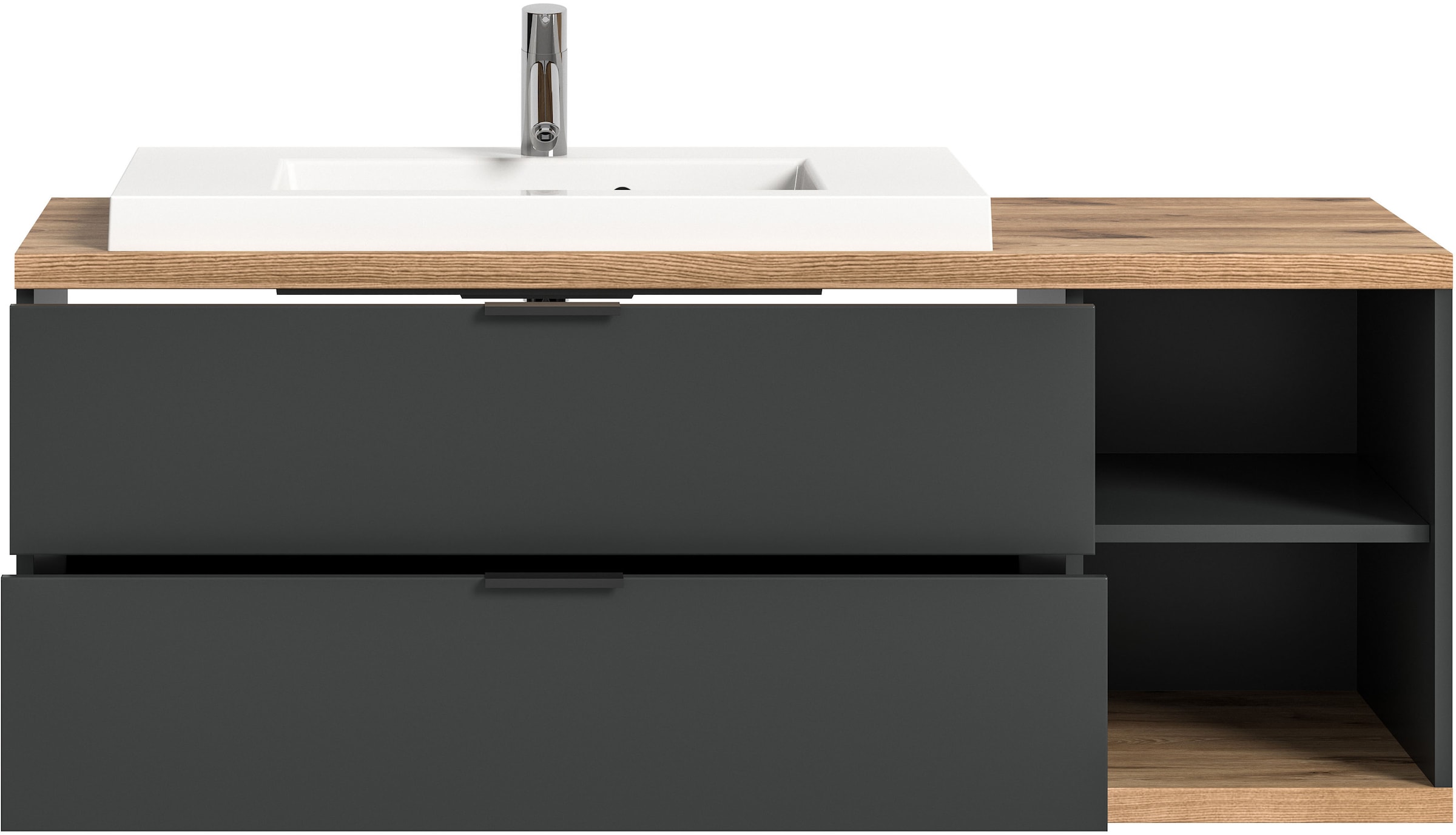 welltime Waschtisch »Sencillo, Waschbeckenunterschrank inkl. Mineralguss Waschbecken« Set, 1 Stk. tlg. Sencillo, Waschbeckenunterschrank,2 Schubladen, 2 offene Fächer