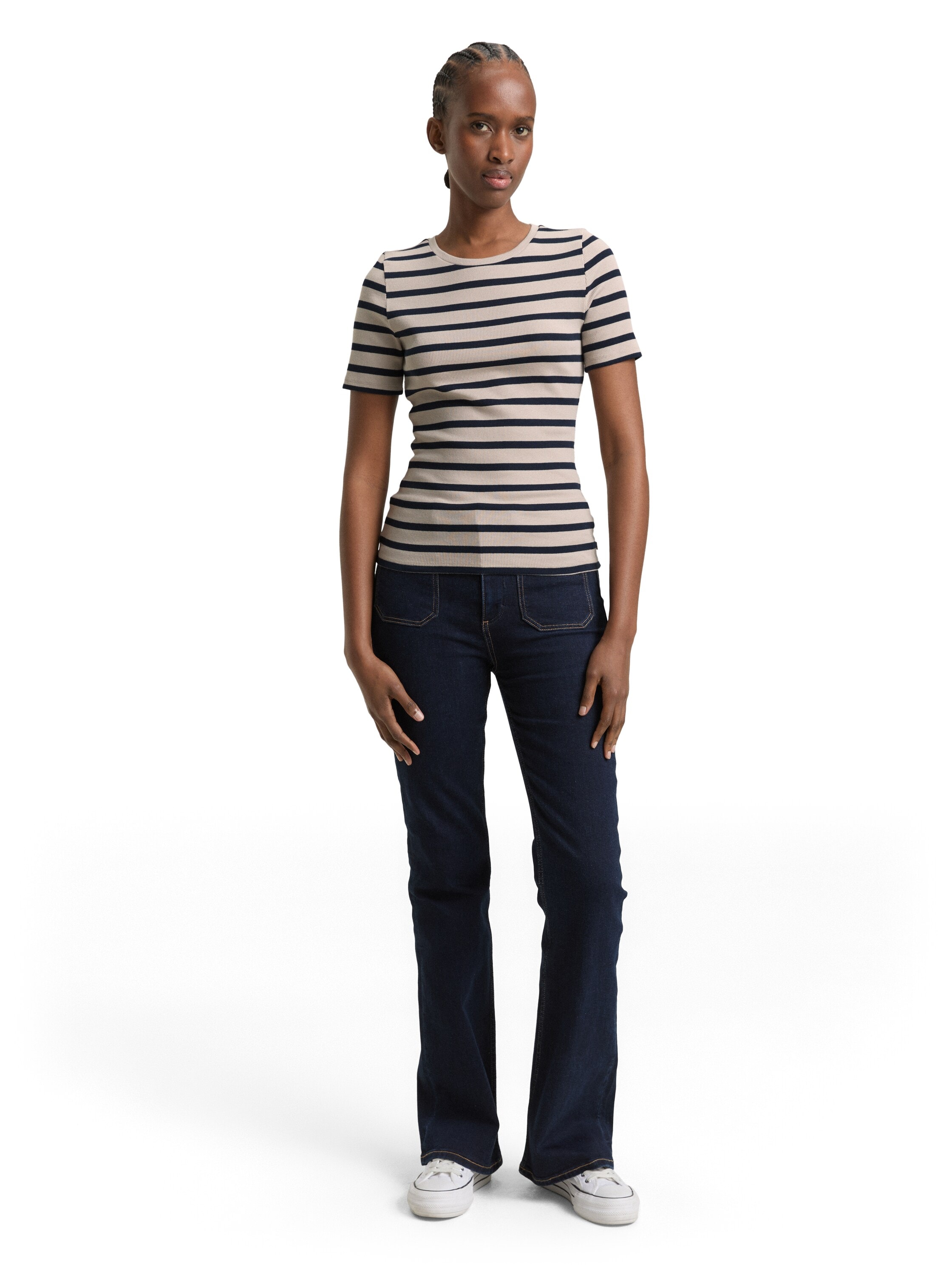 TOM TAILOR Denim Rundhalsshirt gestreift, Fein-Ripp-Optik