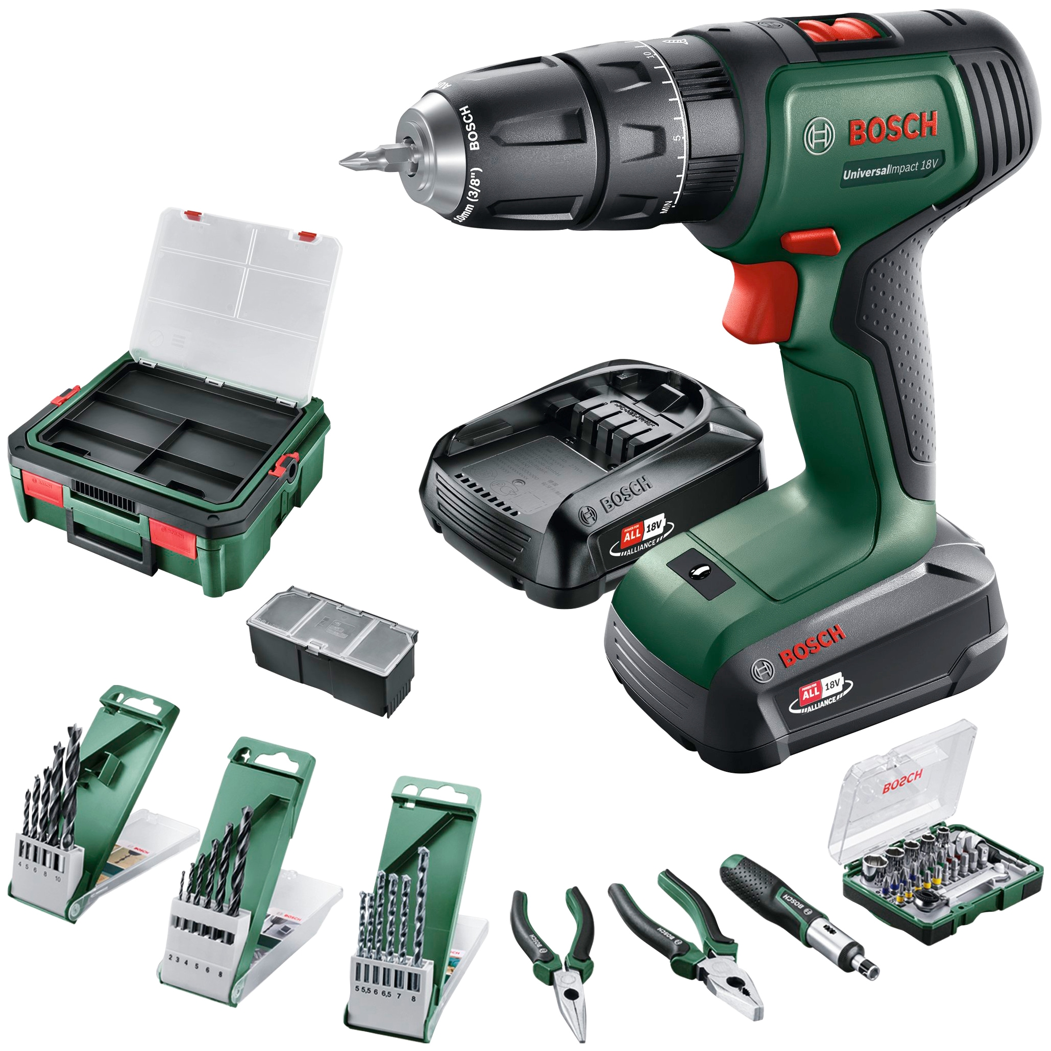 Bosch Home & Garden Akku-Schlagschrauber »UniversalImpact 18V + 46AC set + AL18V-20«, (Set), Akku-Schlagbohrschrauber in Systembox S, mit umfangreichem Zubehör