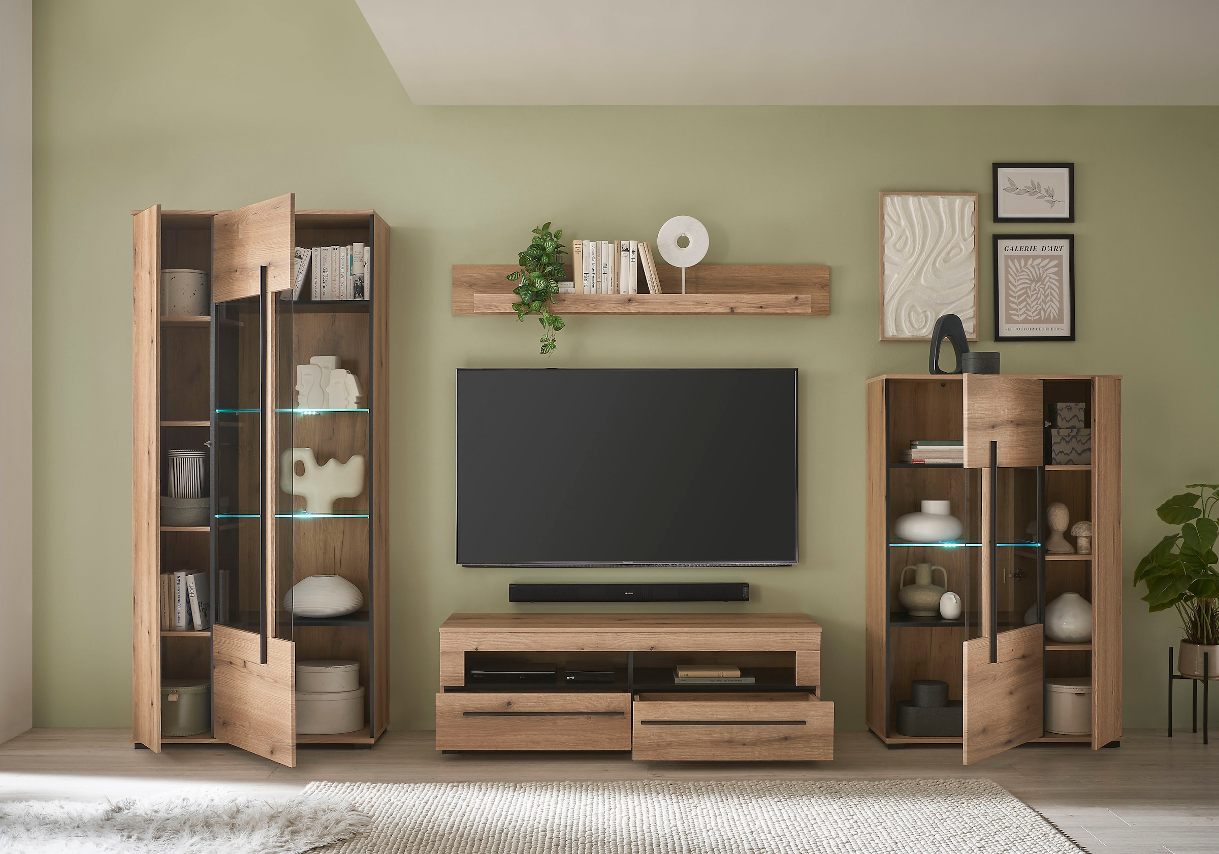 INOSIGN Wohnwand »Cantara, moderne Anbauwand, Wohnzimmer-Set, in Eiche Evoke oder Weiß«, (Set), enthält zwei Vitrinen, ein Lowboard und ein Wandboard