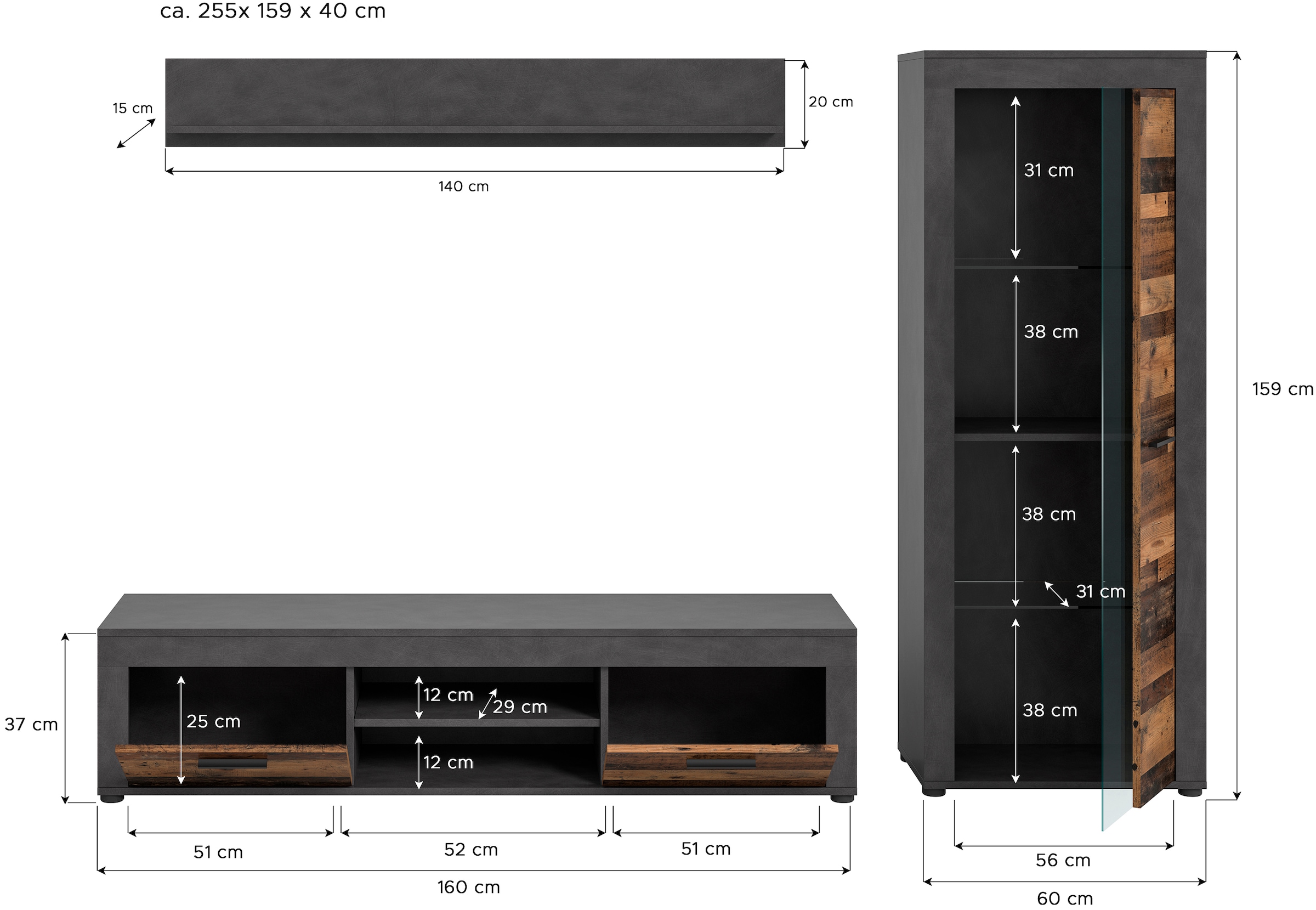 INOSIGN Wohnwand »Aosta, Breite 235cm, bestehend aus Lowboard, Wandboard, Vitrine«, (3 St.), Wohnwand, Kombination, Anbauwand, Möbel Set, Schrankwand, Möbel Kombi