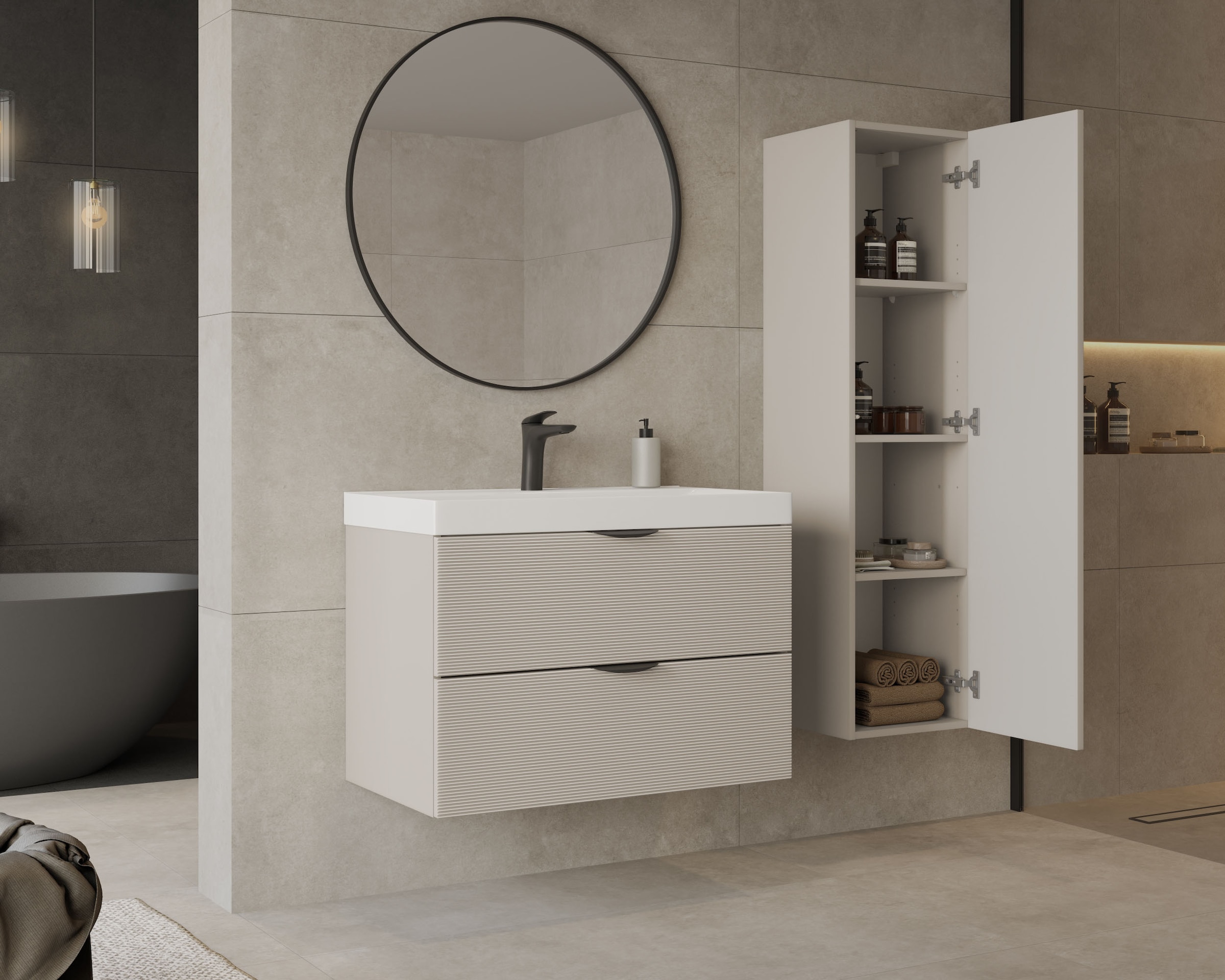 welltime Hängeschrank »FLOW STRIPE rechts/links montierbar, Breite 35 cm, modernes Design« Schrank mit 3 Einlegeböden, Push-to-open-Function