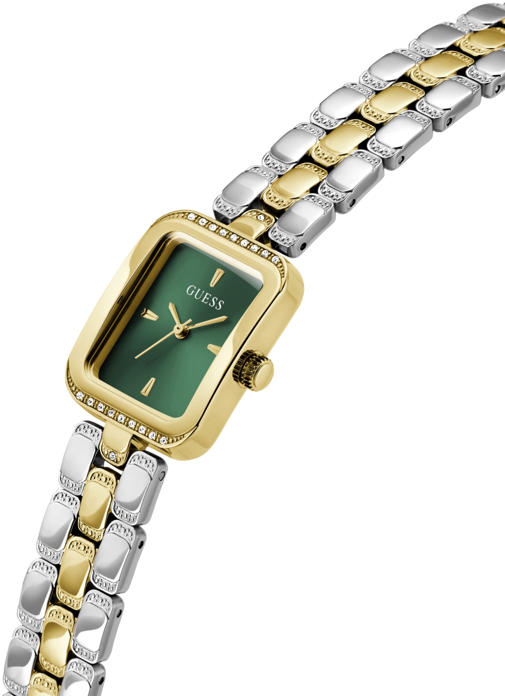 Guess Quarzuhr »ISLA« Armbanduhr, Damenuhr, Edelstahlarmband, analog, Kristallsteine
