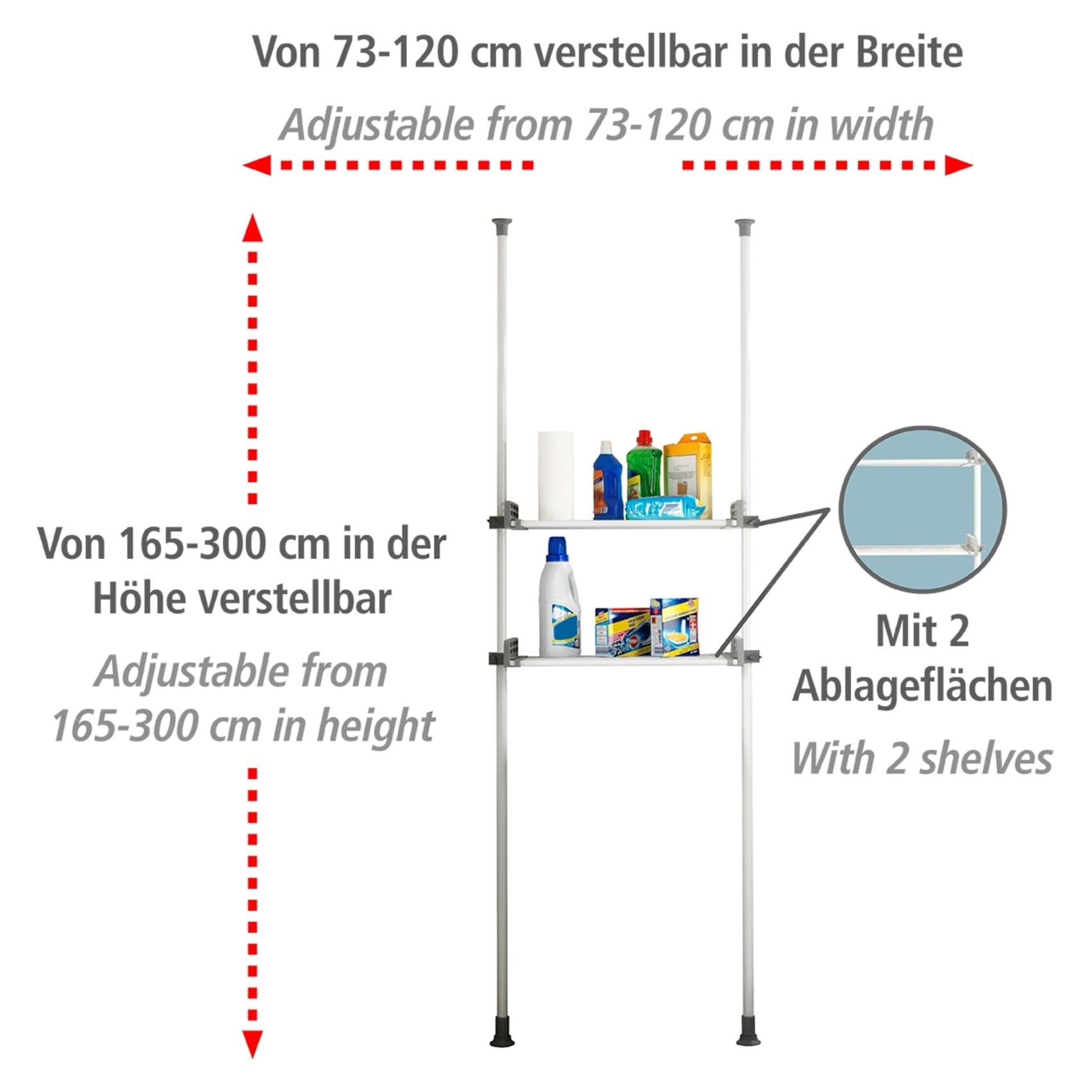 WENKO Teleskopregal »Modell Herkules Twin«, (Set), 2 Trägerstangen, 2 verstellbare Ablagen, ideal für Bad & Abstellkammer