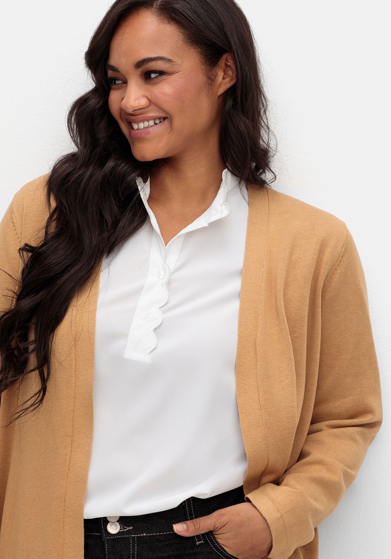 Sheego Longstrickjacke »Lange Strickjacke in offener Form, mit Taschen«, in offener Form, mit Taschen