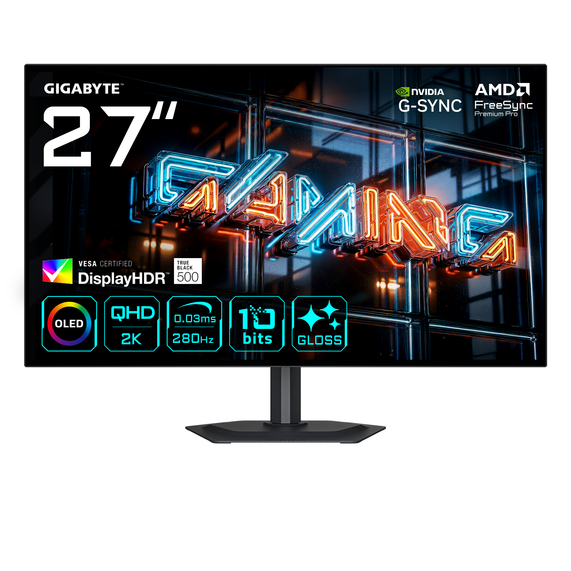Gigabyte OLED-Monitor »MO27Q28GR« 67,3 cm/27 ″  2560 x 1440 px QHD 0,03 Reaktionszeit 280 Hz dreh-, neig-, schwenk-, höhenverstellbar, Lautsprecher