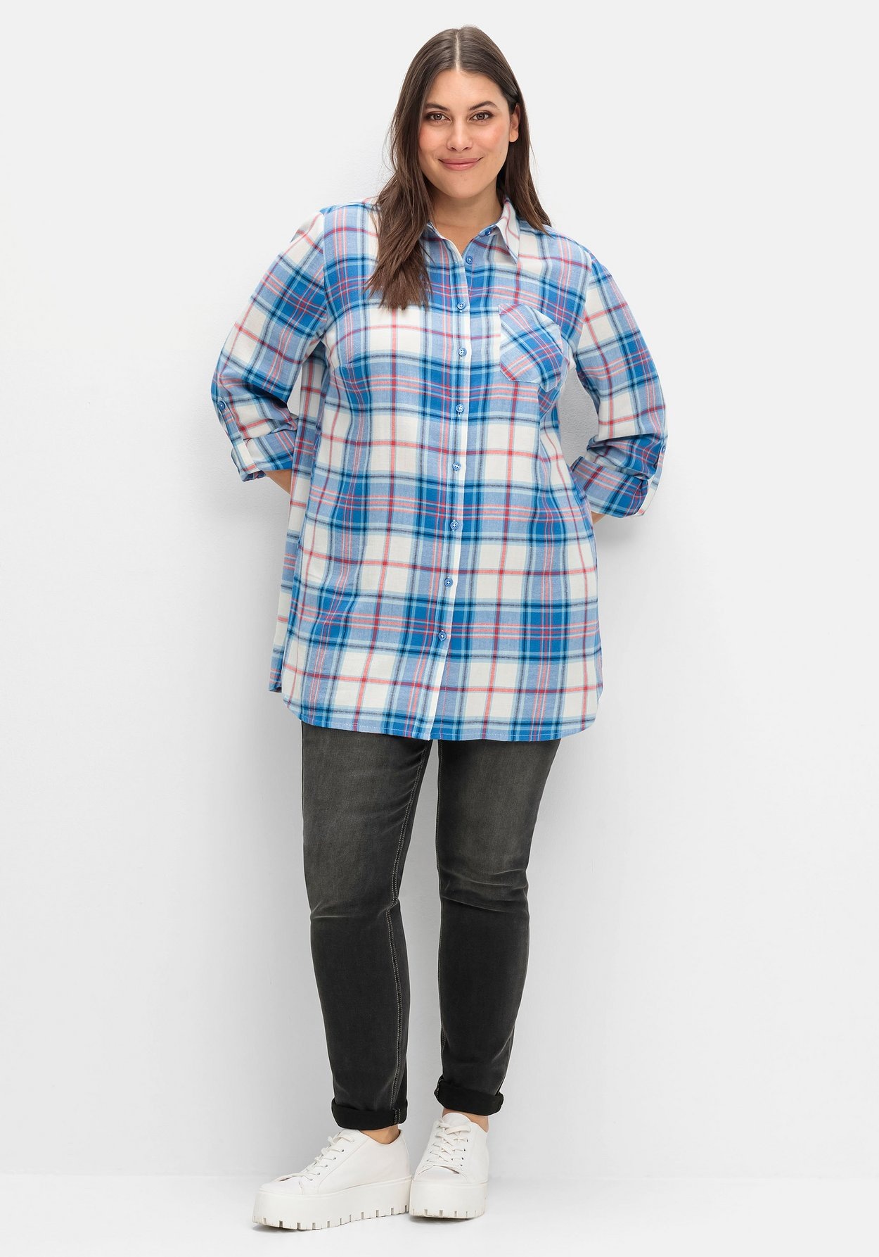 Sheego Longbluse »Karierte Longbluse aus Baumwoll-Flanell, mit Krempelärmeln«