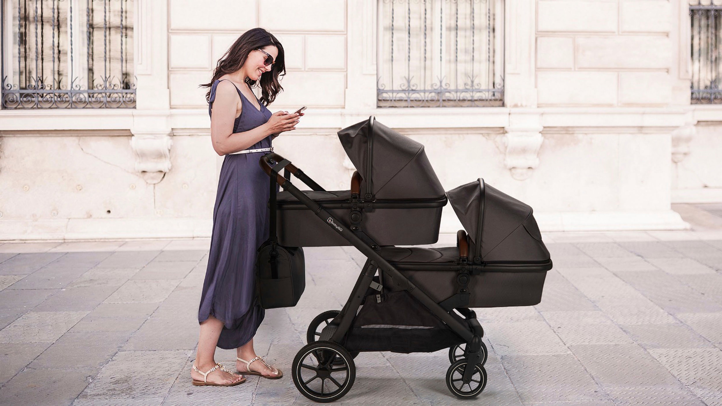 BabyGo Zwillings-Kombikinderwagen »Duo, grau«, inkl. Wickeltasche u. 2 Regenhauben