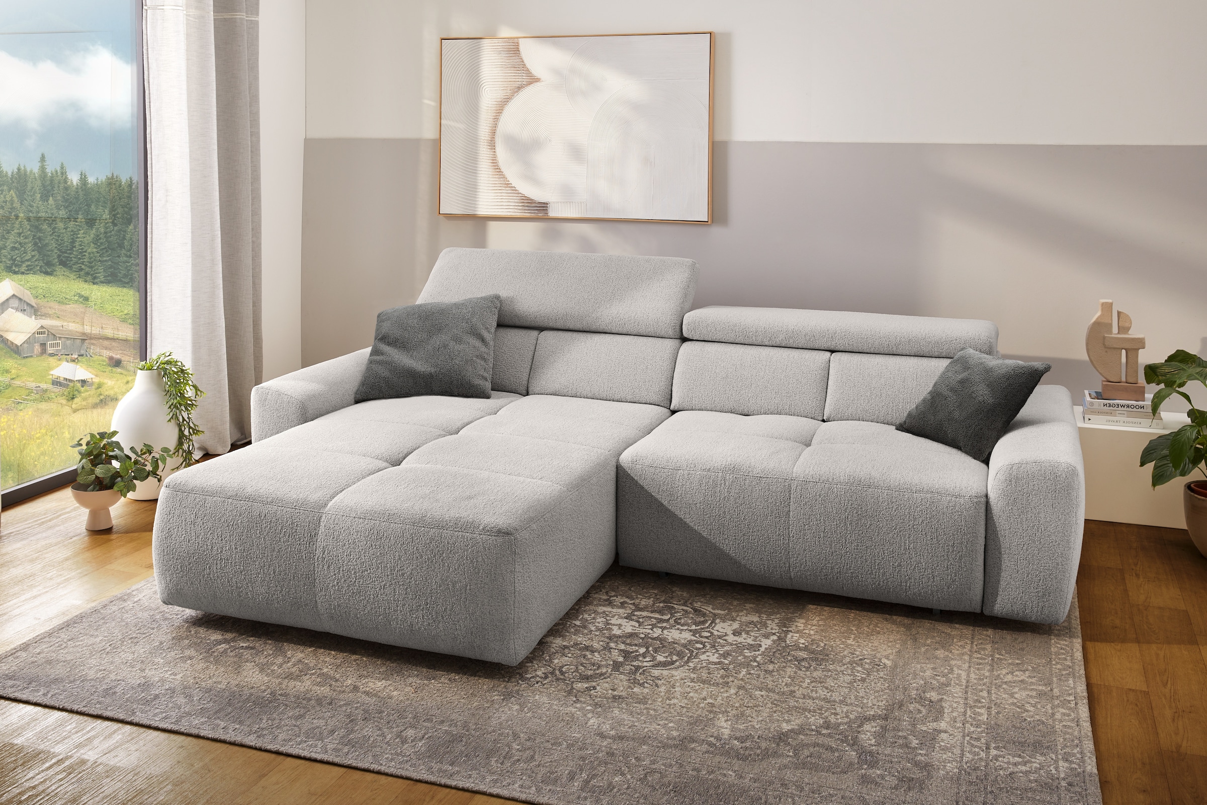 Jockenhöfer Gruppe Ecksofa »Unos, L-Form, mit 60cm elektrischer Sitztiefenverstellung« 140kg Belastbarkeit, USB, verstellbaren Kopfstützen & Zierkissen