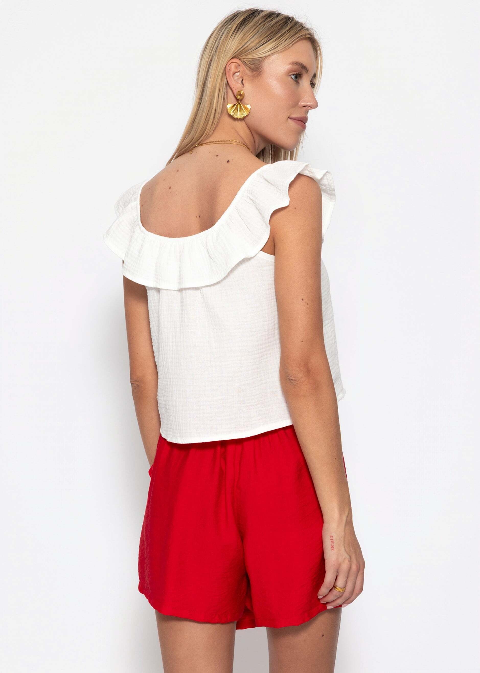 SASSYCLASSY T-Shirt »Musselin Trägertop mit Volants« Luftiges Baumwolltop mit elastischer Ausschnittpartie Weiß