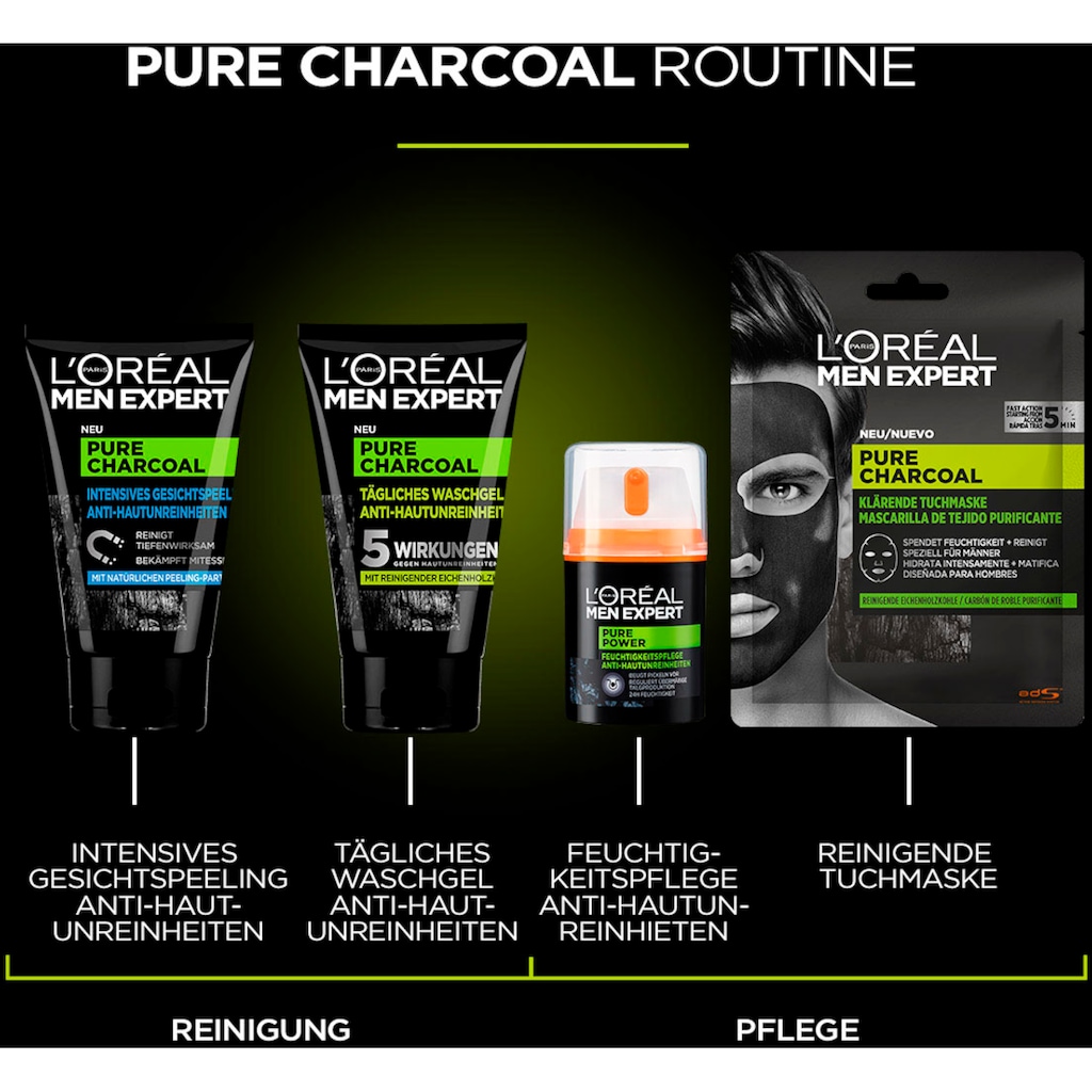 L'ORÉAL PARIS MEN EXPERT Gesichtsmasken-Set »Pure Charcoal und Hydra Energy«, (Set, 4 tlg.)