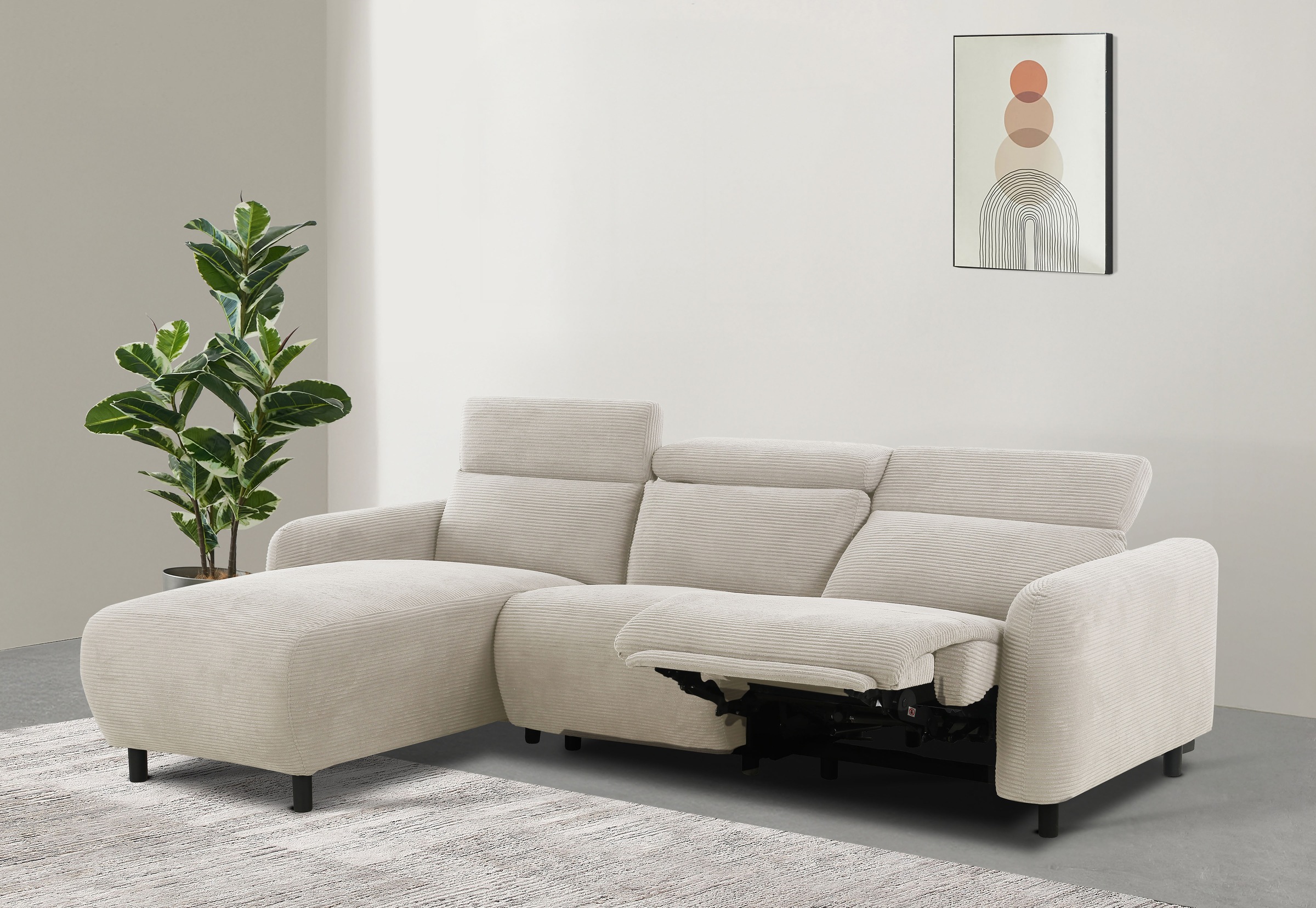 Home affaire Ecksofa »SKAANE in Cord, L-Form, 274 cm, manuelle u. elektrische Relaxfunktion,« rundes Design, Kopfteilverstellung, Federkernpolsterung