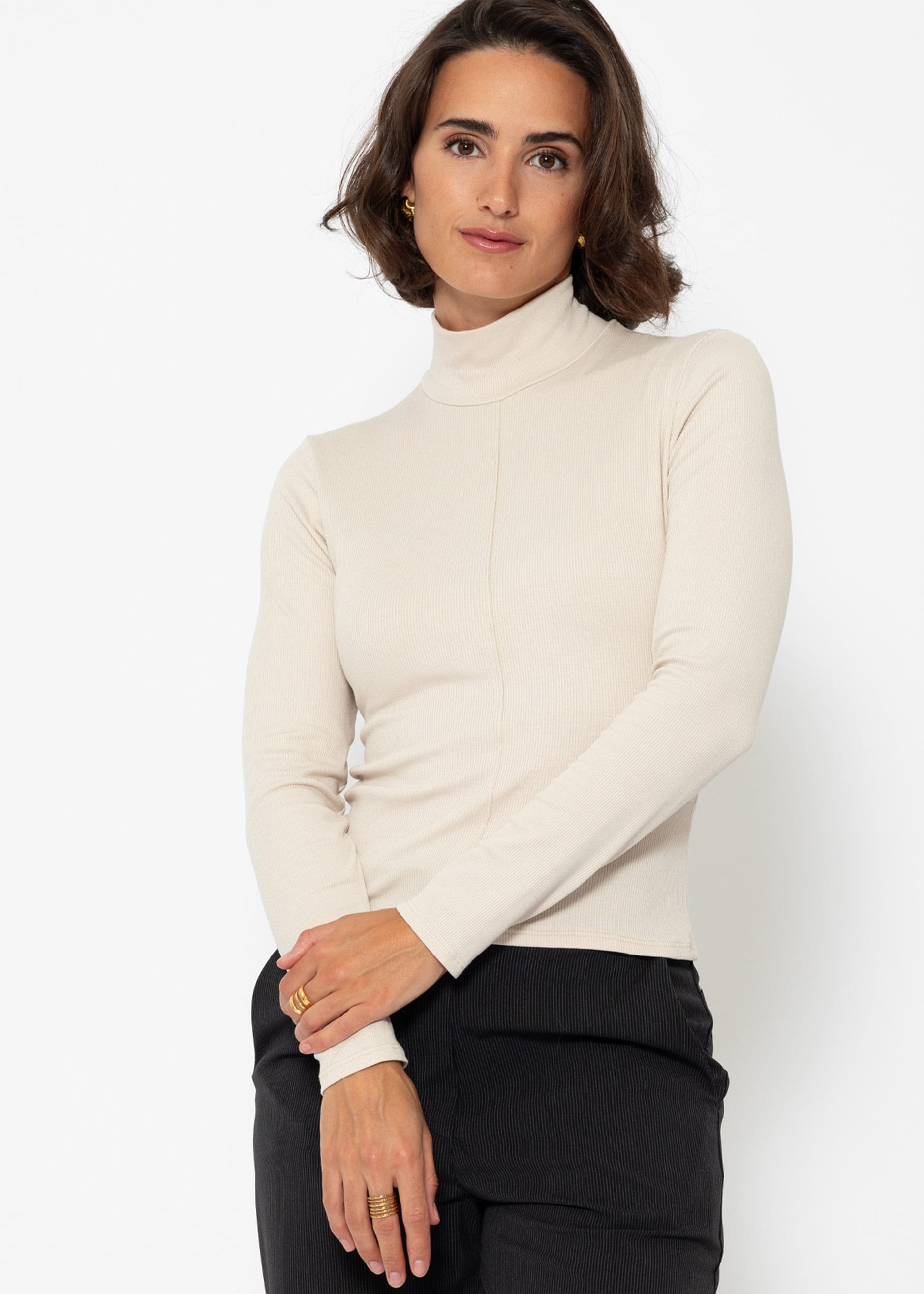 SASSYCLASSY Rollkragenshirt »Langarmshirt mit Rollkragen« Shirt Langarm aus weichem Viskose Jersey Schwarz Grau Beige