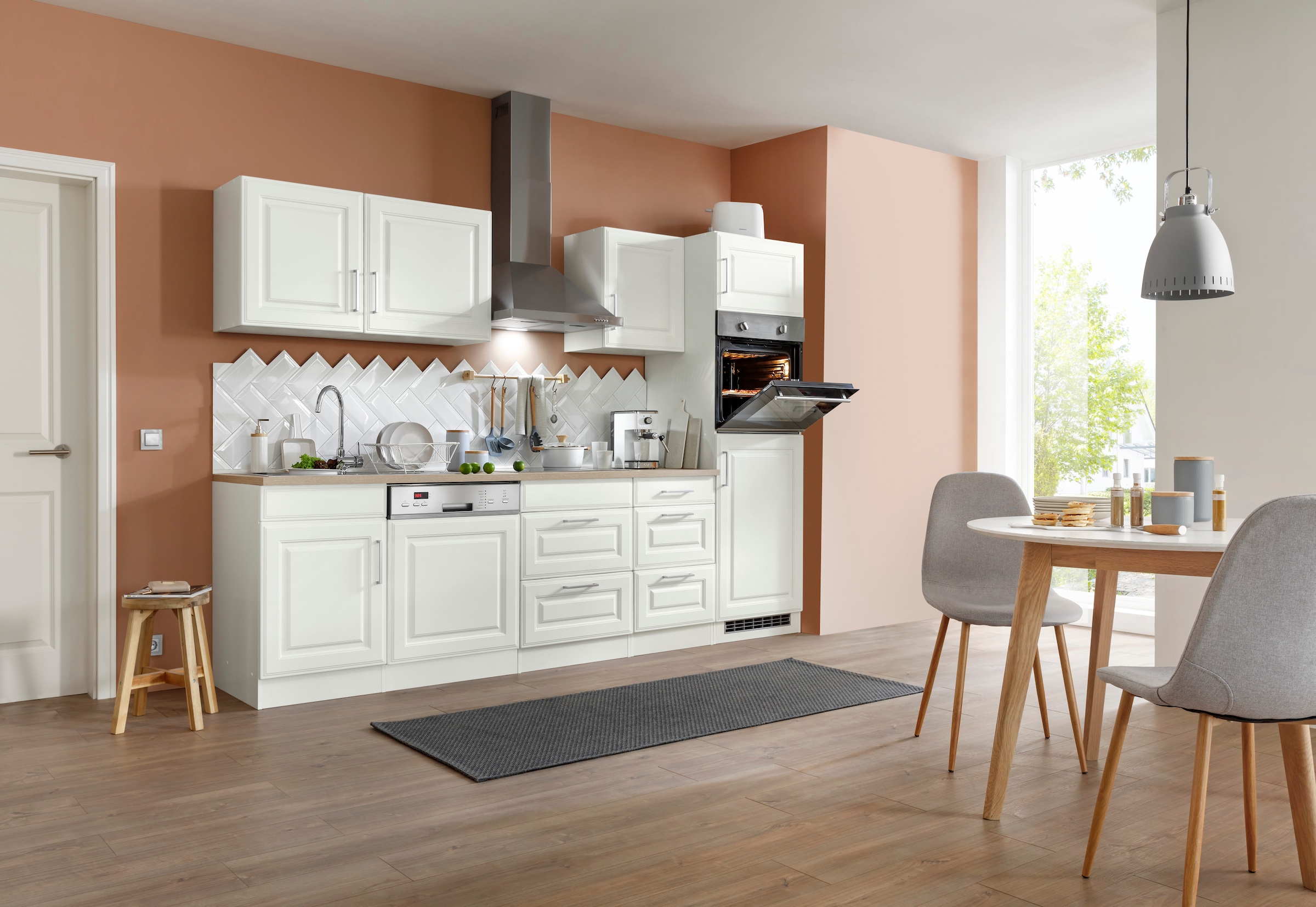 KOCHSTATION Küchenzeile »KS-Stockholm – Küche mit hochwertiger und detailreicher Landhausfront« Breite 280 cm, wahlweise mit E-Geräten,mit MDF-Fronten