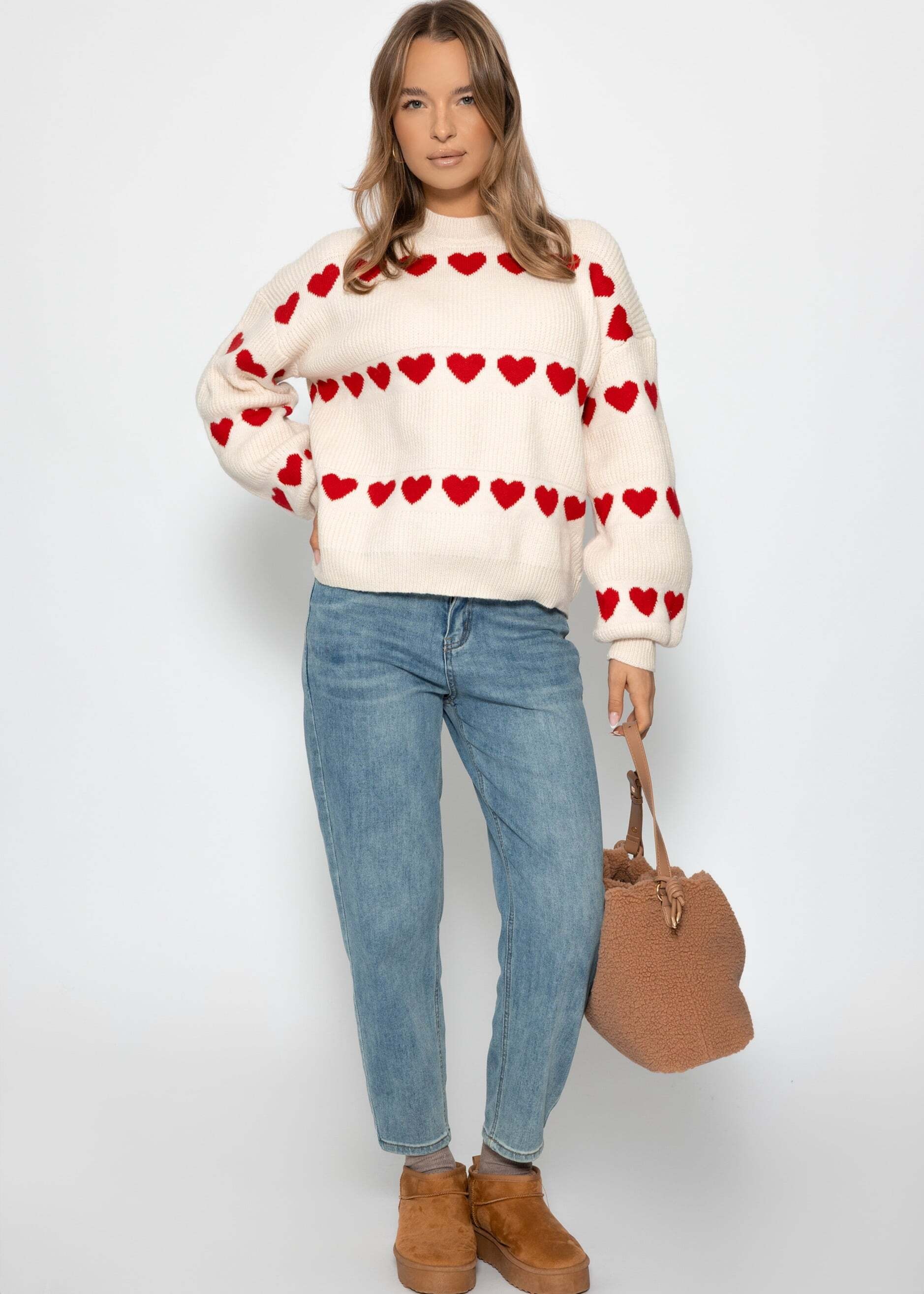 SASSYCLASSY Strickpullover »Oversize Pullover mit roten Herzen« Weicher Strickpullover mit Wollanteil und Rundhalsausschnitt Offwhite