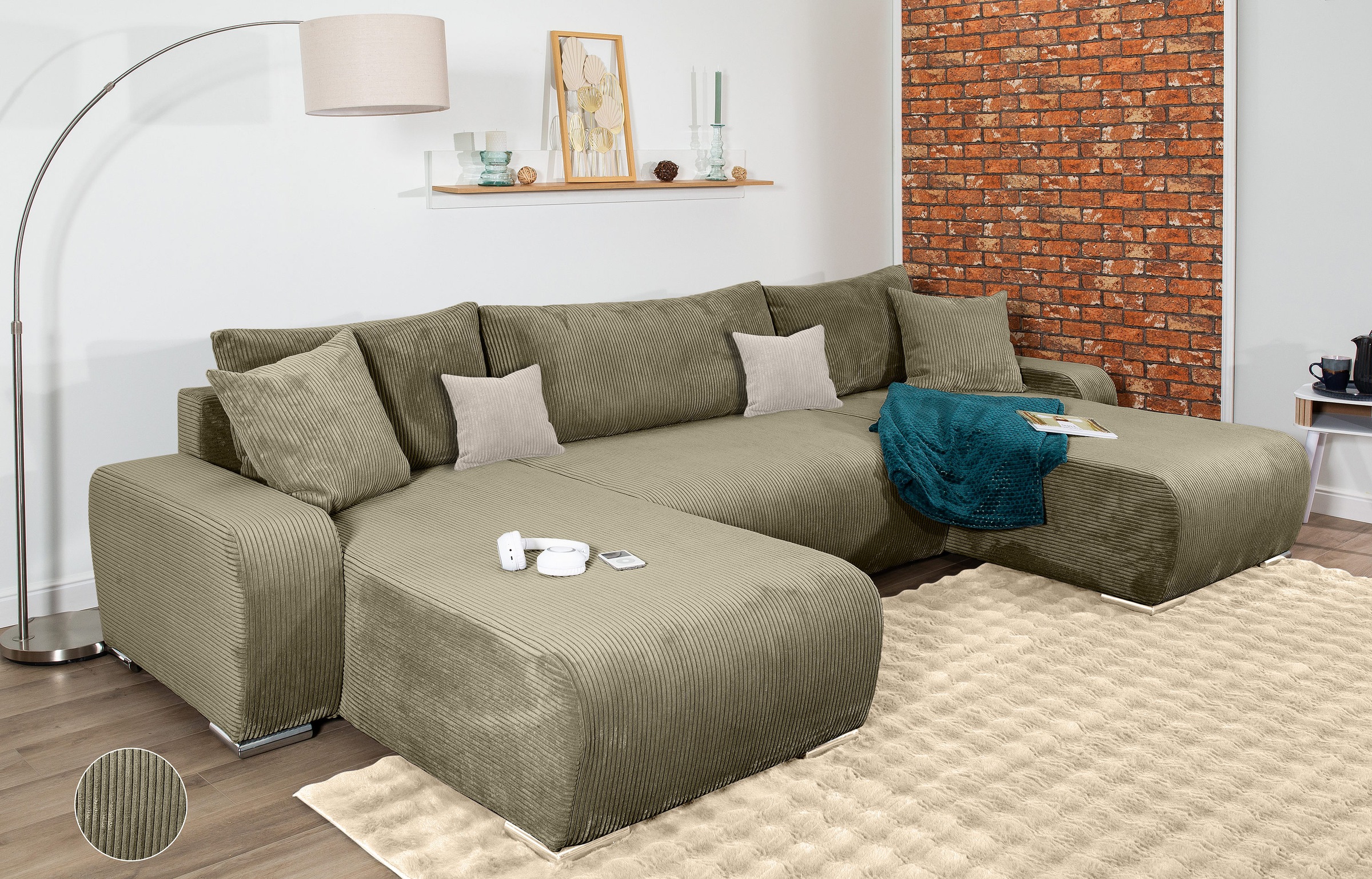 COLLECTION AB Wohnlandschaft »Paola U-Form«, mit Schlaffunktion, Stauraum, Zierkissen und Bonnellfederkern, Cord
