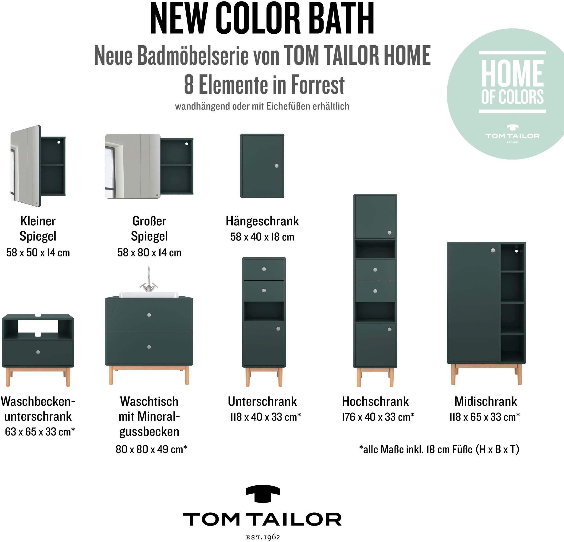 TOM TAILOR HOME Unterschrank »COLOR BATH«, mit 1 Tür & 2 Schubladen, mit  Push-to-Open, Füße Eiche, Breite 40 cm im OTTO Online Shop