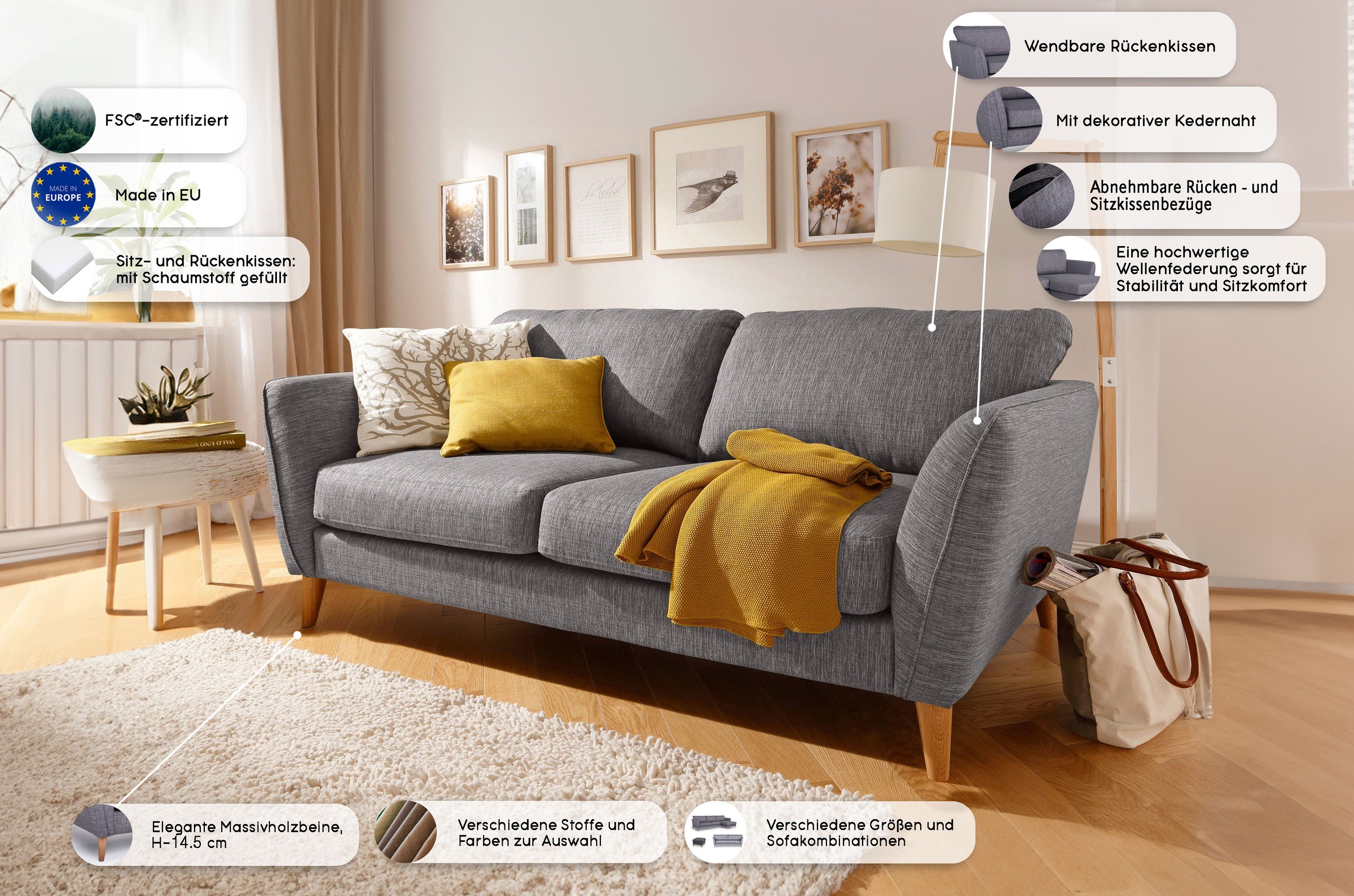 Home affaire 2-Sitzer »MARSEILLE Sofa 170 cm«, mit Massivholzbeinen aus Eiche, verschiedene Bezüge und Farbvarianten