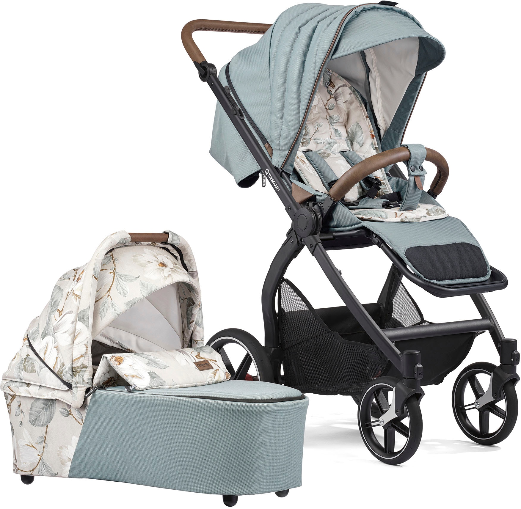 Gesslein Kombi-Kinderwagen »FX4 Soft+ mit Aufsatz Swing schwarz, aqua mint«, mit Babywanne C3 und Babyschalenadapter