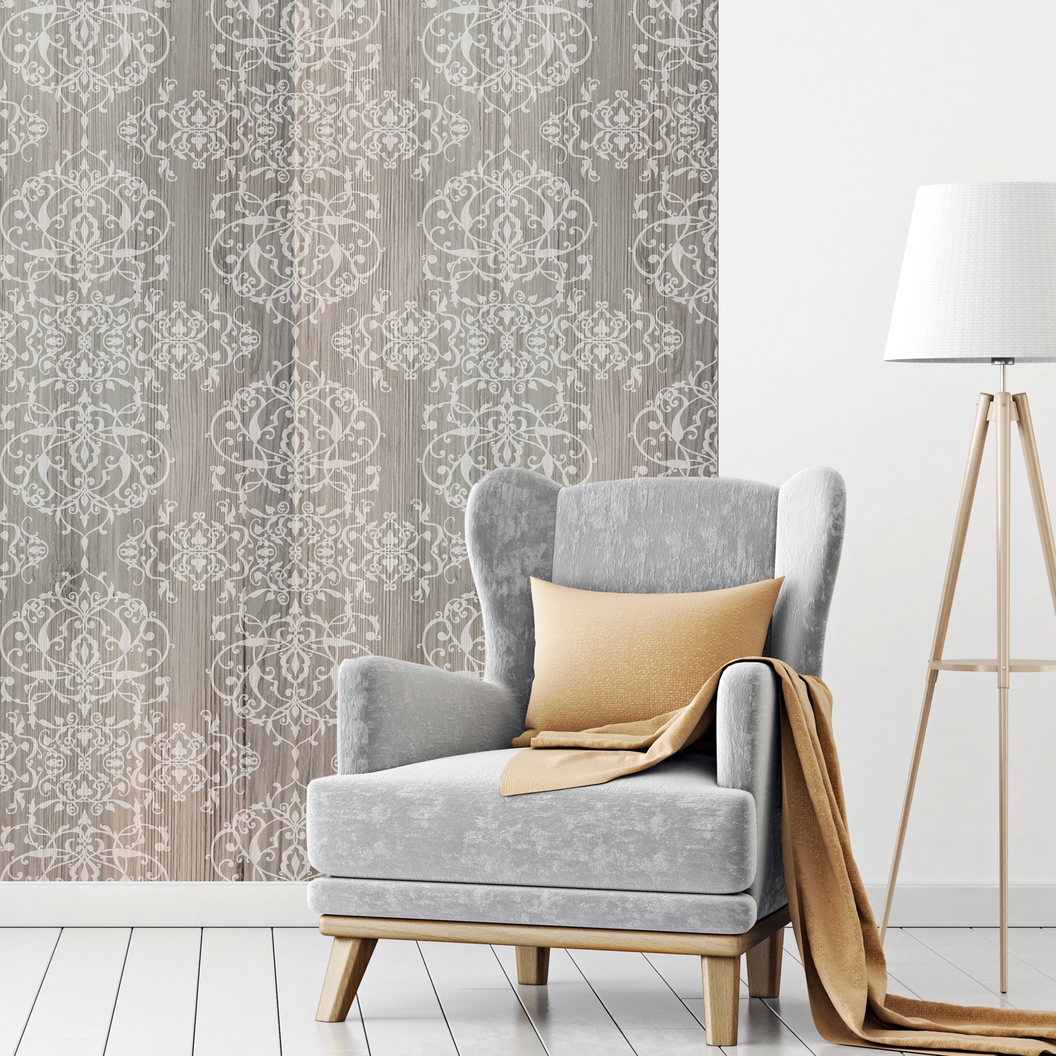 queence Vinyltapete »Muster-Grau-Braun«, bedruckt-Barock-Antikoptik-Kunst-Holz, 90x250cm, selbstklebend, kinderleichte Anbringung, Sticker