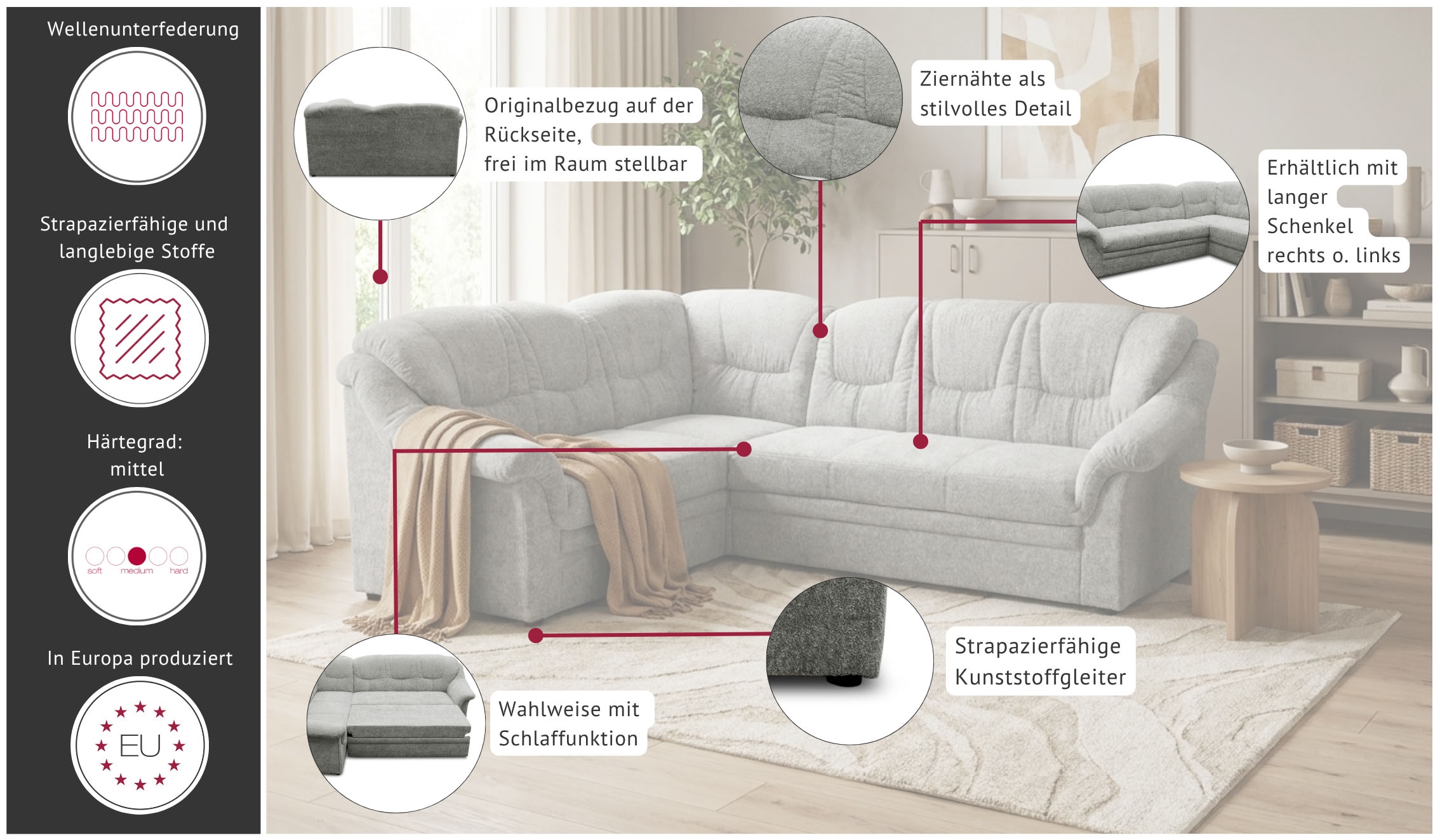 OTTO home Ecksofa »Nyborrg 234 x 185 cm, auch mit Schlaffunktion, formschön & stabil« Wahlweise mit Bettfunktion, L-Form, moderne Steppung