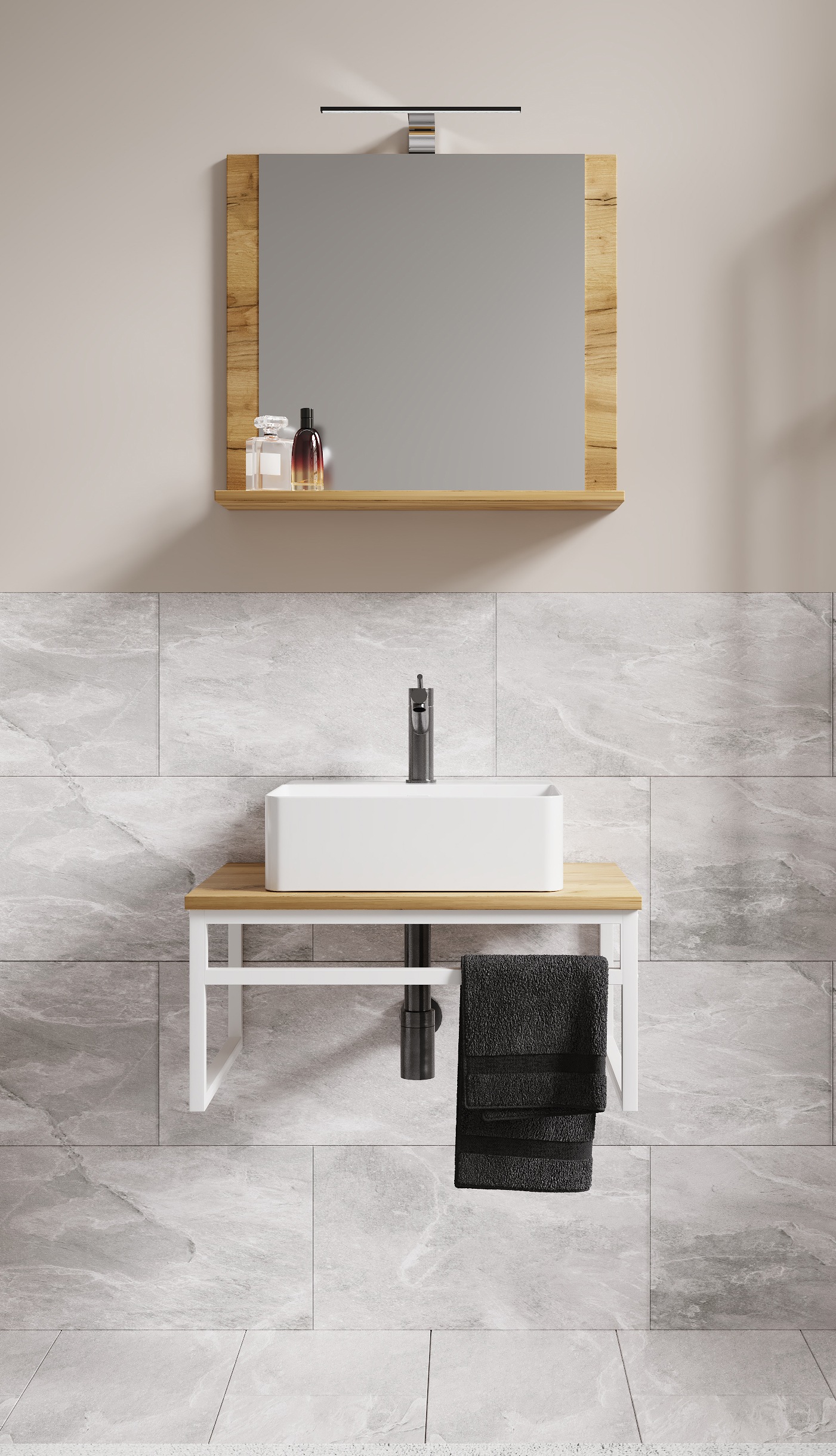 VCM Waschbeckenunterschrank »VCM 3-tlg. Waschplatz Waschtisch Badmöbel Set Waschbecken Holz Metall Industrial Style Bitila 60 V2« 3 Stk. tlg.