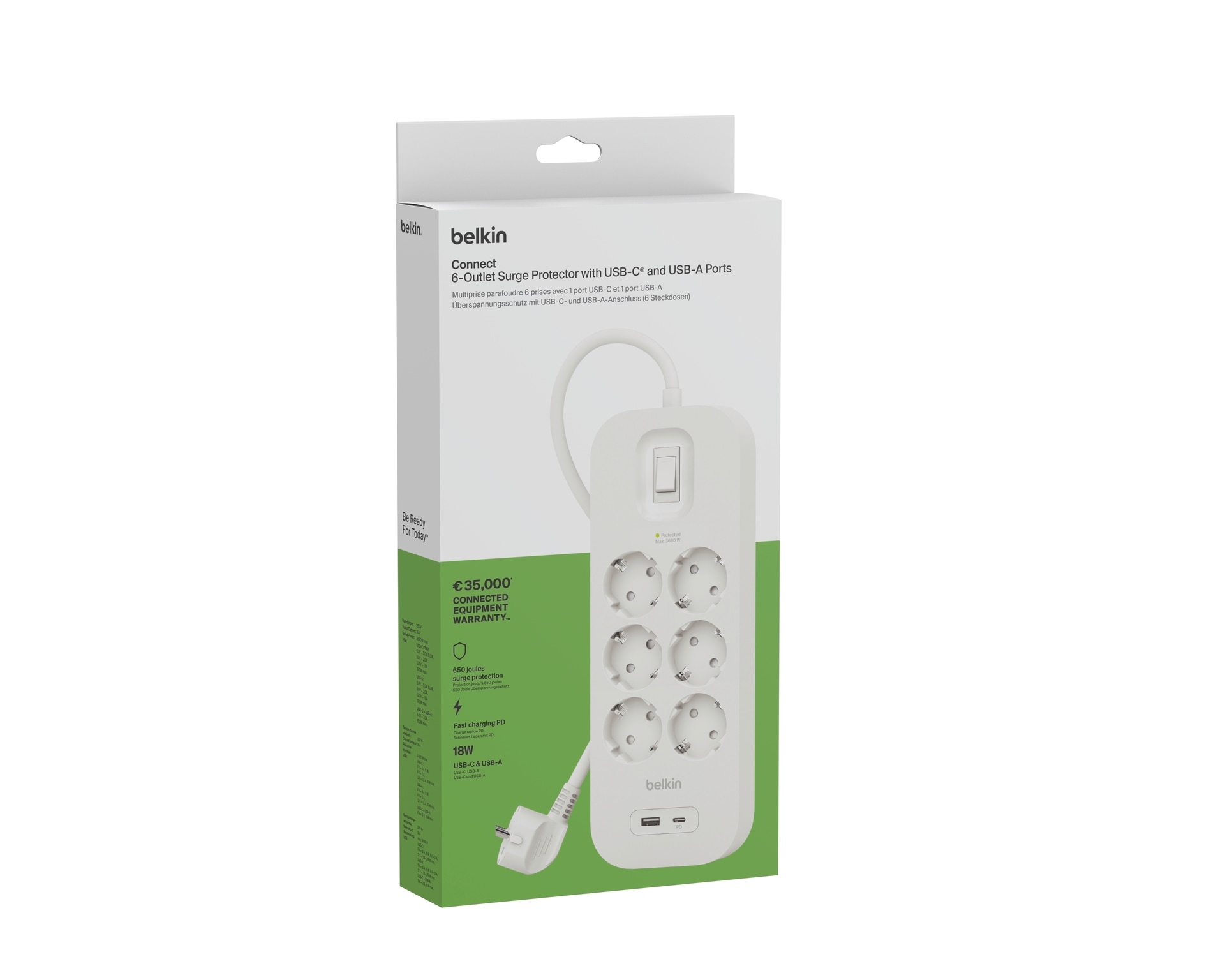 Belkin Steckdosenleiste »6-Fach Steckdosenleiste mit USB-A + USB-C Port, 650J, 18 W, 2 Meter«, 8-fach, (Ein- / Ausschalter Überspannungsschutz Kabellänge 2 m)