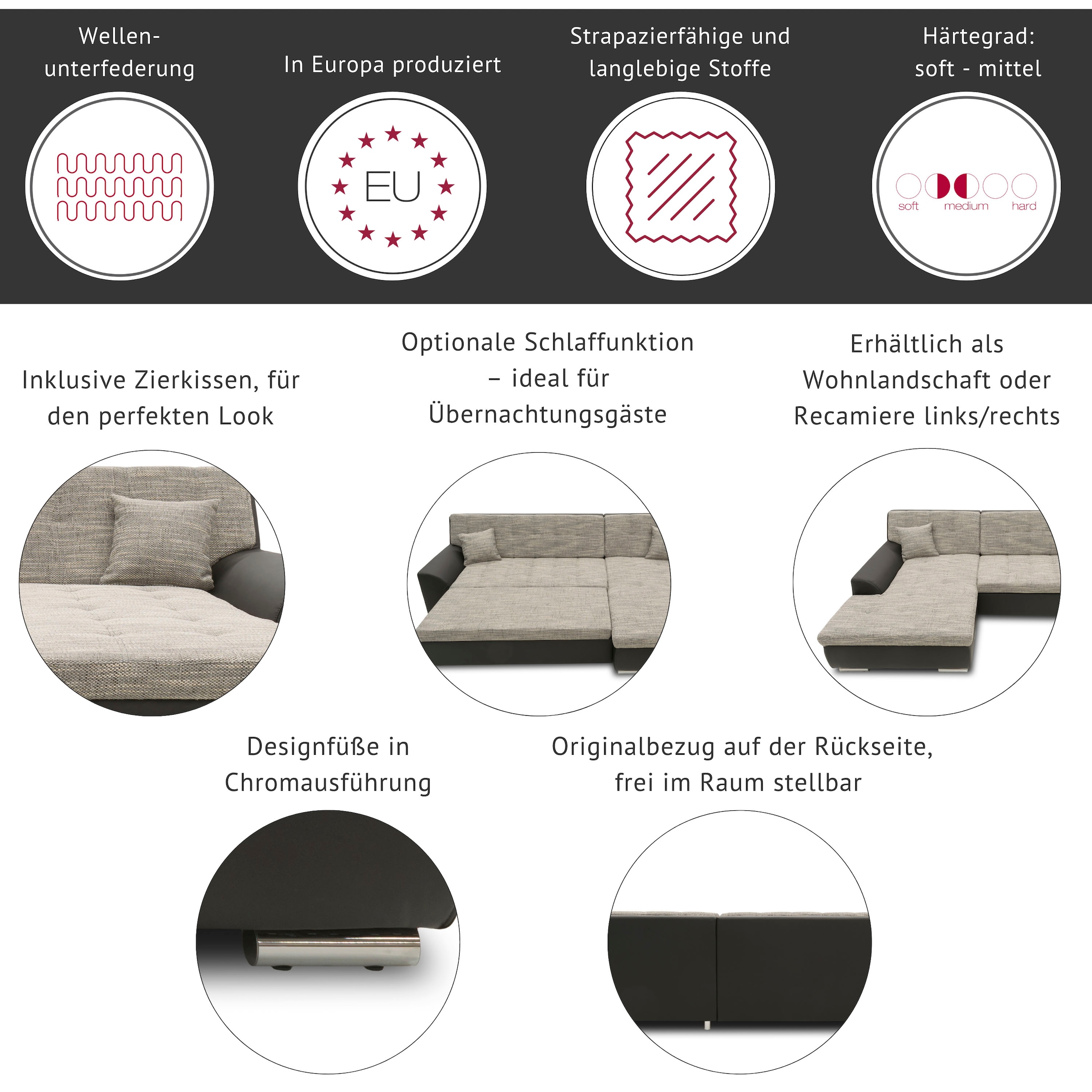 DOMO collection Ecksofa »Brandon L-Form, auch in Leder« inklusive Kopfteilverstellung, wahlweise mit Sitztiefenverstellung,