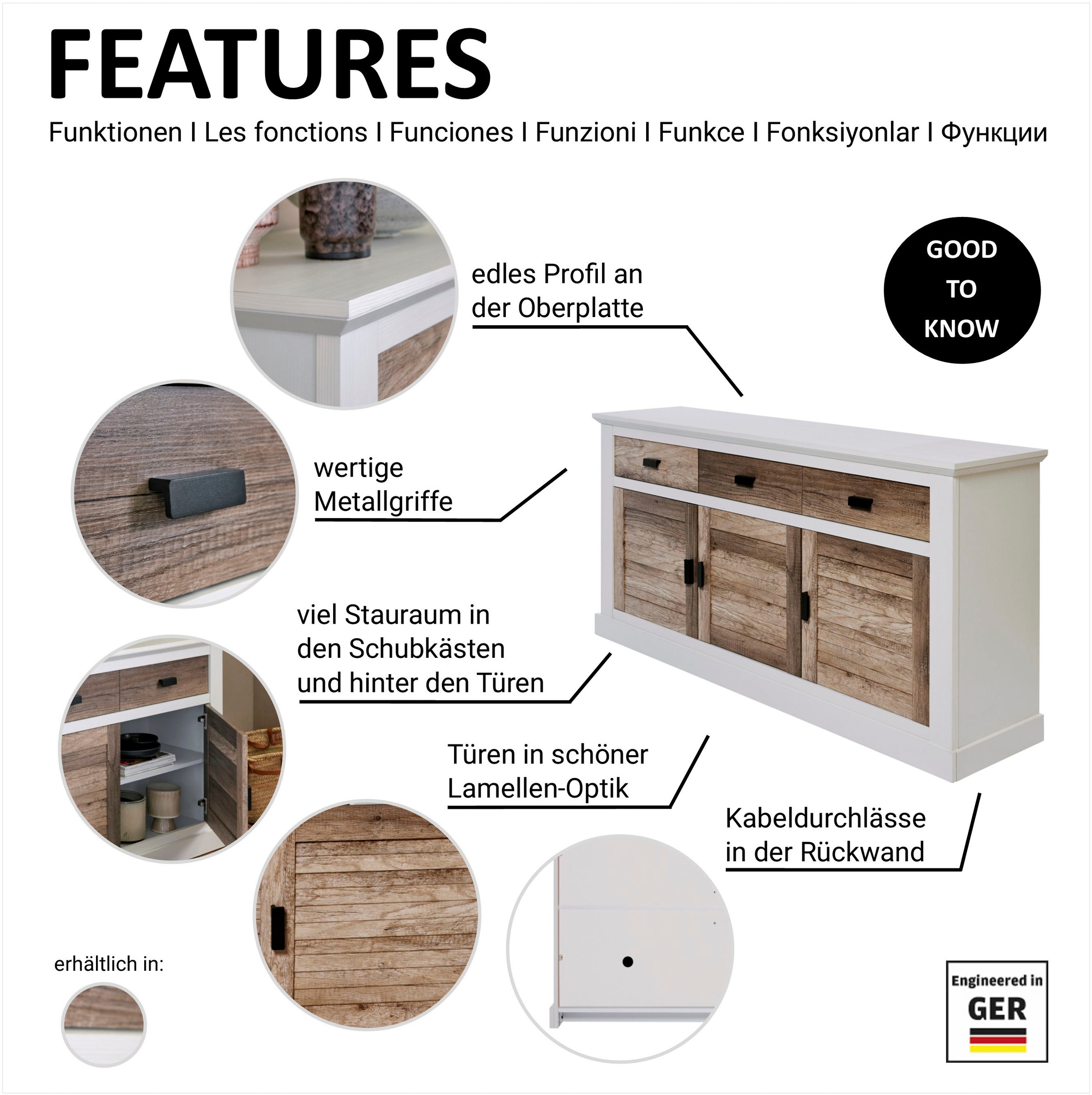 Jahnke Sideboard »HAMPTON SB 160«, (1 St.), Sideboard, Landhausstil, 3 Schubladen und 3 Türen, Breite ca. 160 cm