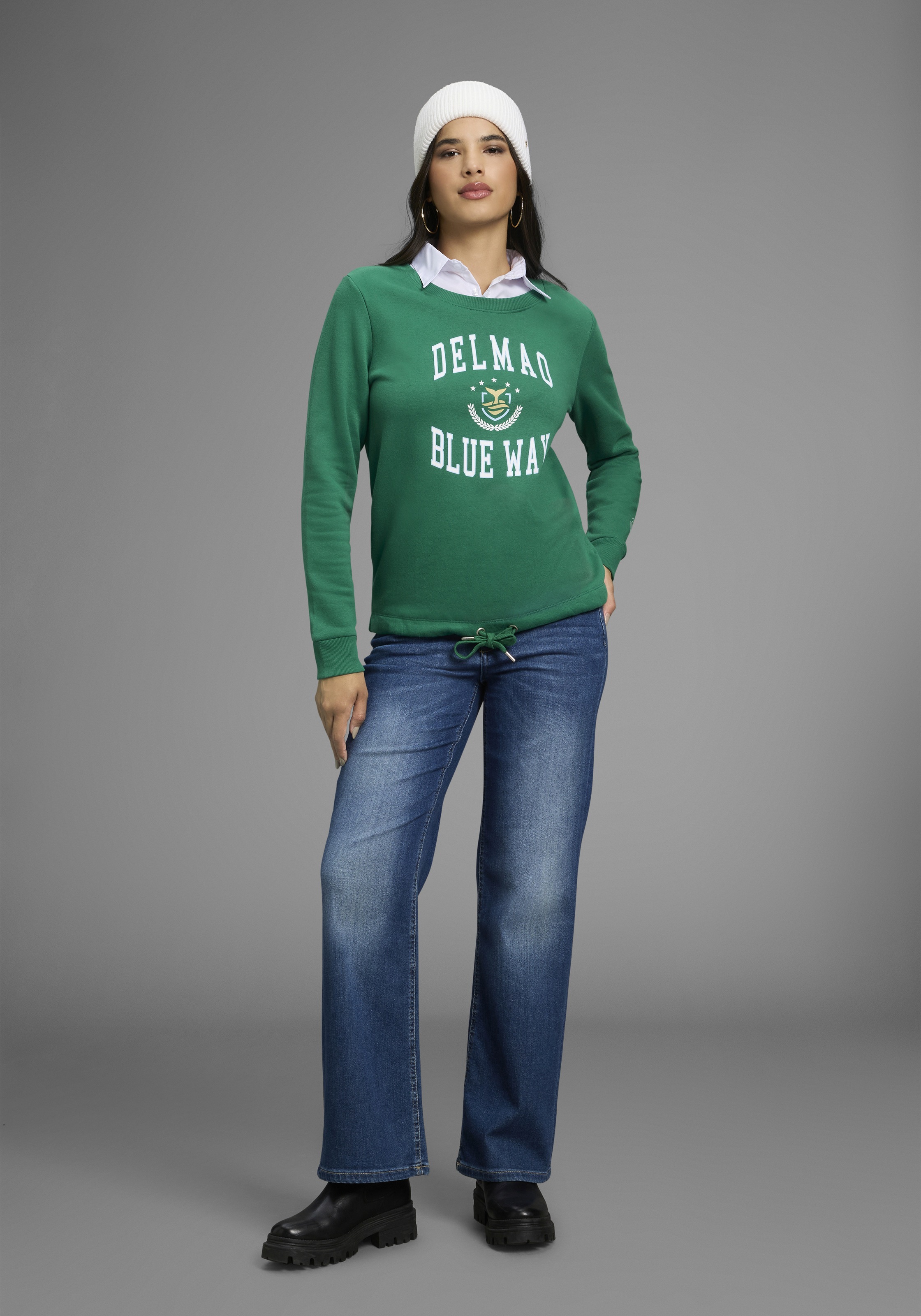 DELMAO Sweatshirt, Weiche Baumwollmischung mit Print und Kordelzug am Saum