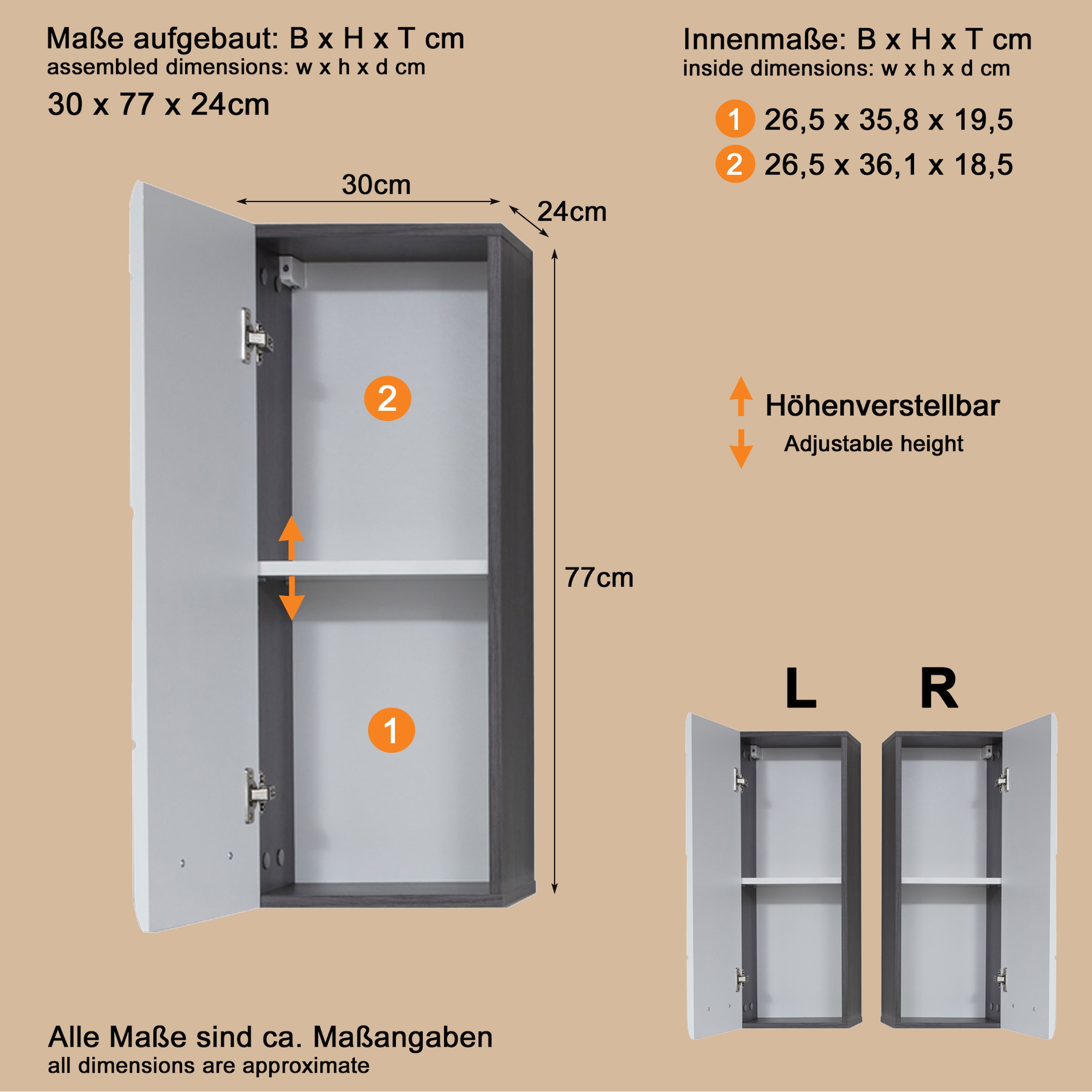 welltime Hängeschrank »Sovana«, Badezimmerschrank mit 2 Fächern in Weiß - (B/T/H) 30/24/77 cm