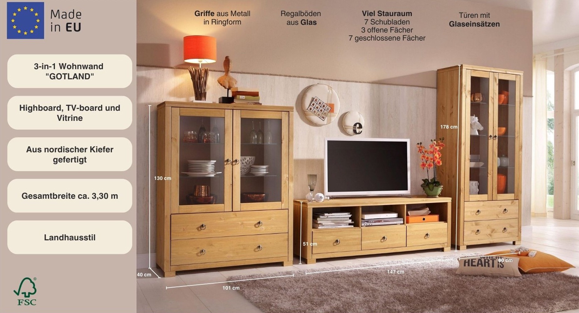 Home affaire Wohnwand »Gotland«, (Set, 3 St.), bestehend aus 1 Highboard, 1 TV-Lowboard und 1 Vitrine
