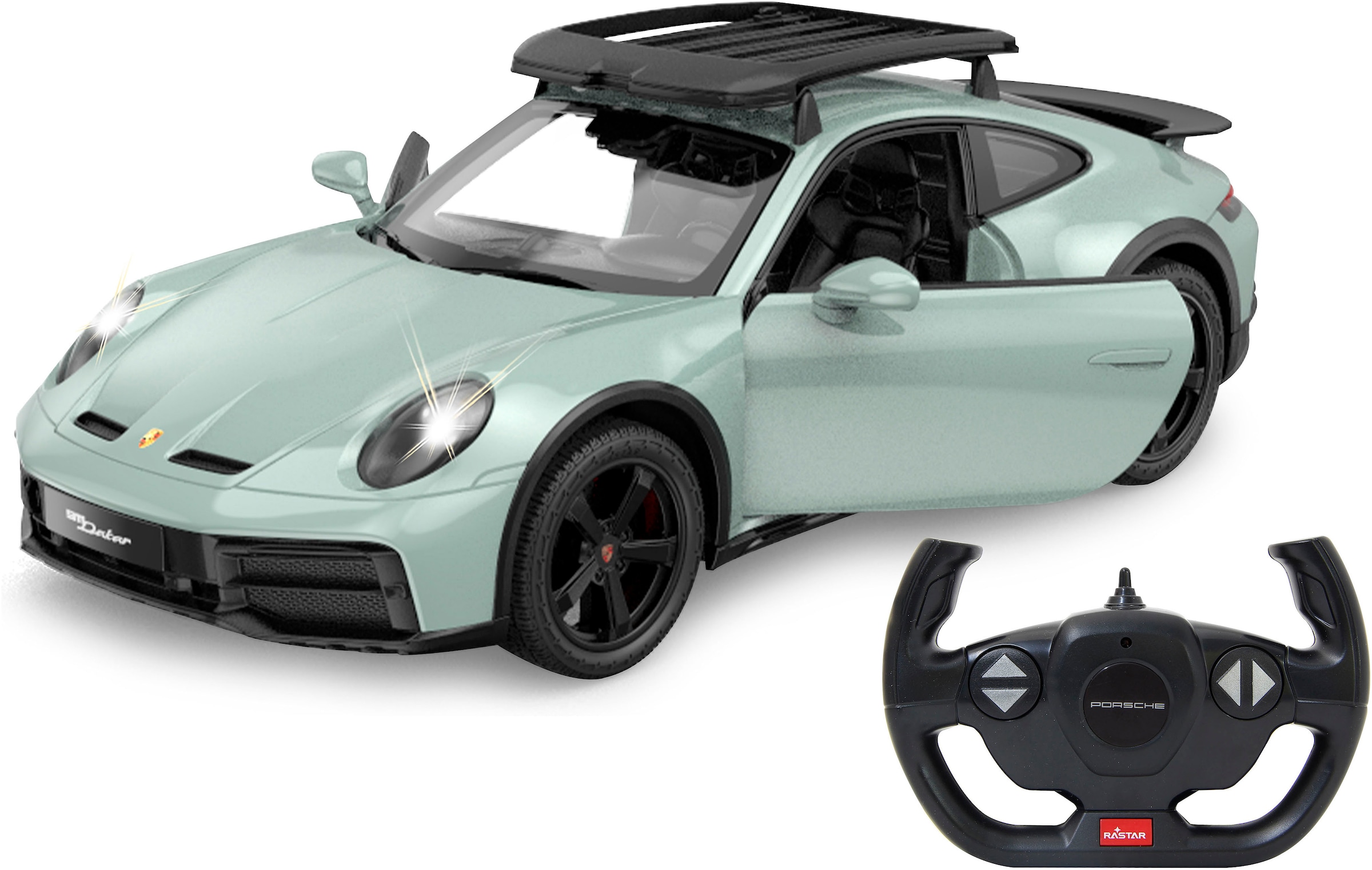 Jamara RC-Auto »Porsche 911 Dakar 1:14 grün schattiert 2,4GHz«, mit LED Licht