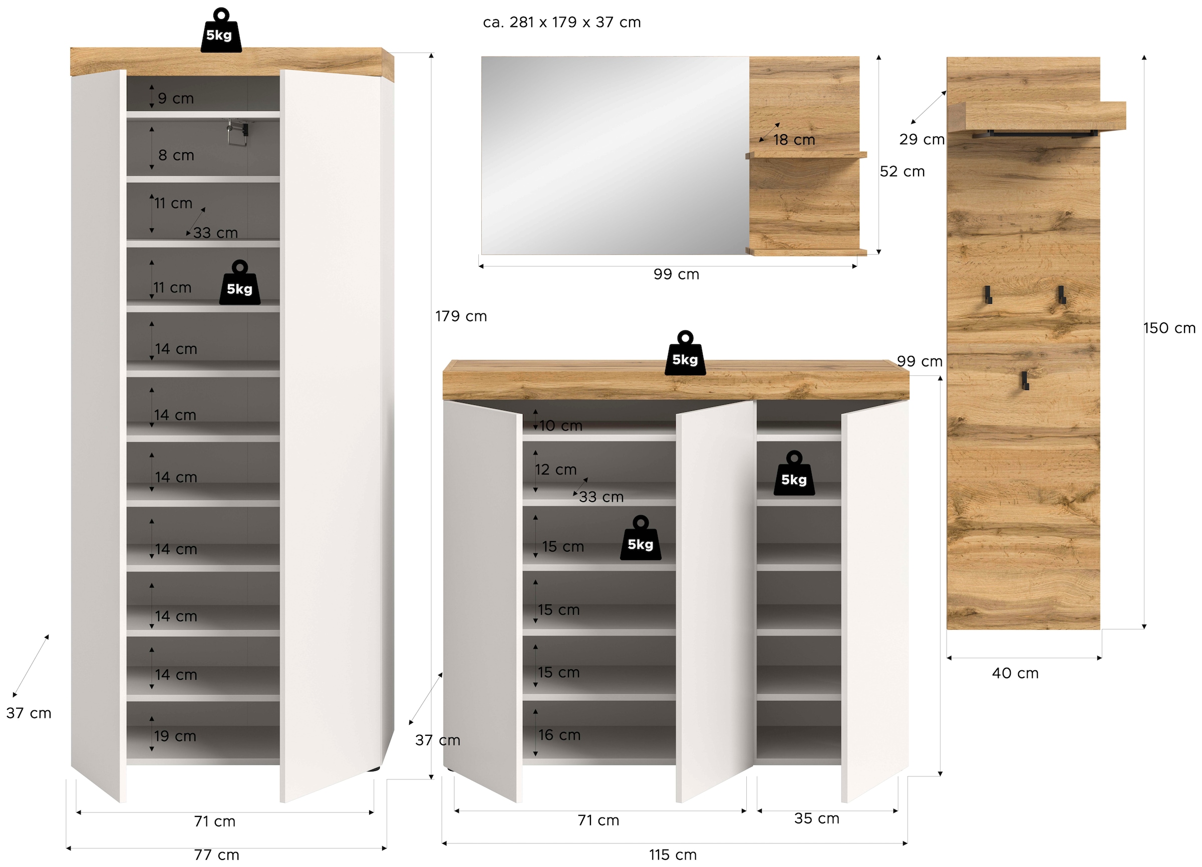 OTTO home Garderoben-Set »MAMBO, TOPSELLER!, 4-teilige Kombination, stehend & hängend montierbar« bestehend aus: Garderobenschrank, Kommode, Spiegel, Garderobenpaneel, 4 Stk. tlg.