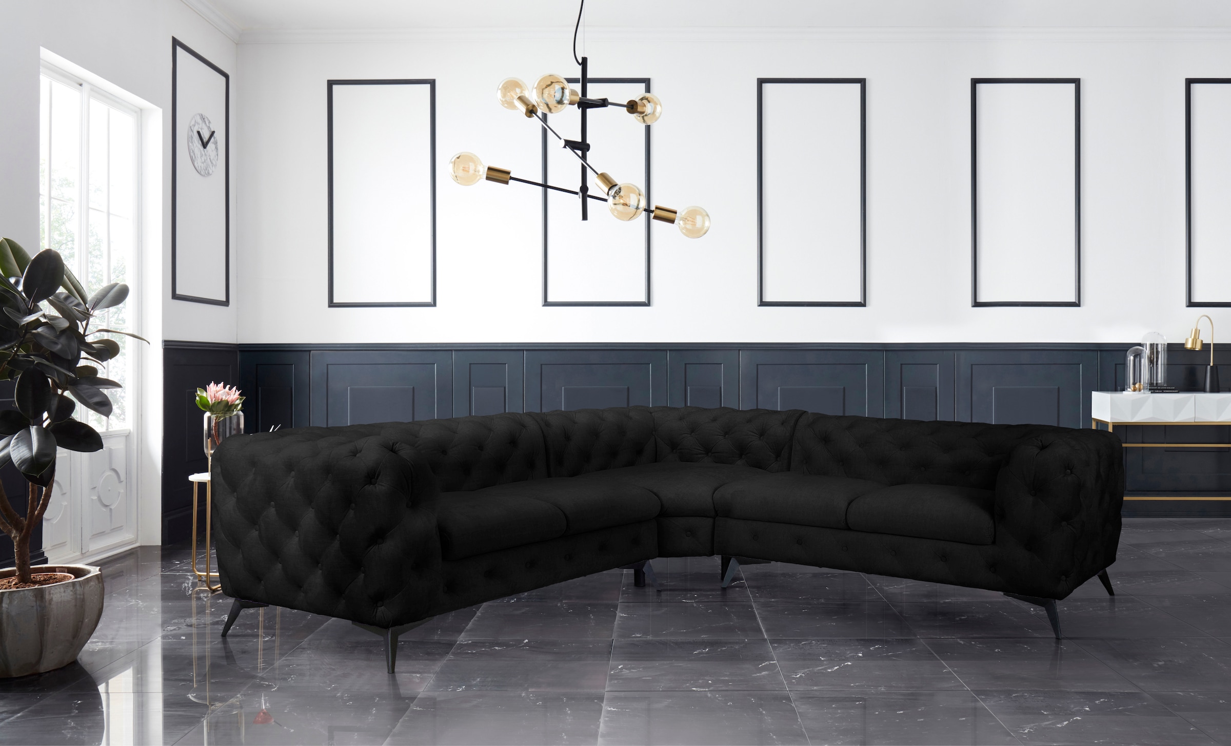 Leonique Chesterfield-Sofa »Ecksofa GLYNIS L-Form mit Wellenunterfederung, Maße B/T/H 264/264/75cm«, aufwändige Knopfheftung, moderne Chesterfield Optik, Fußfarbe wählbar