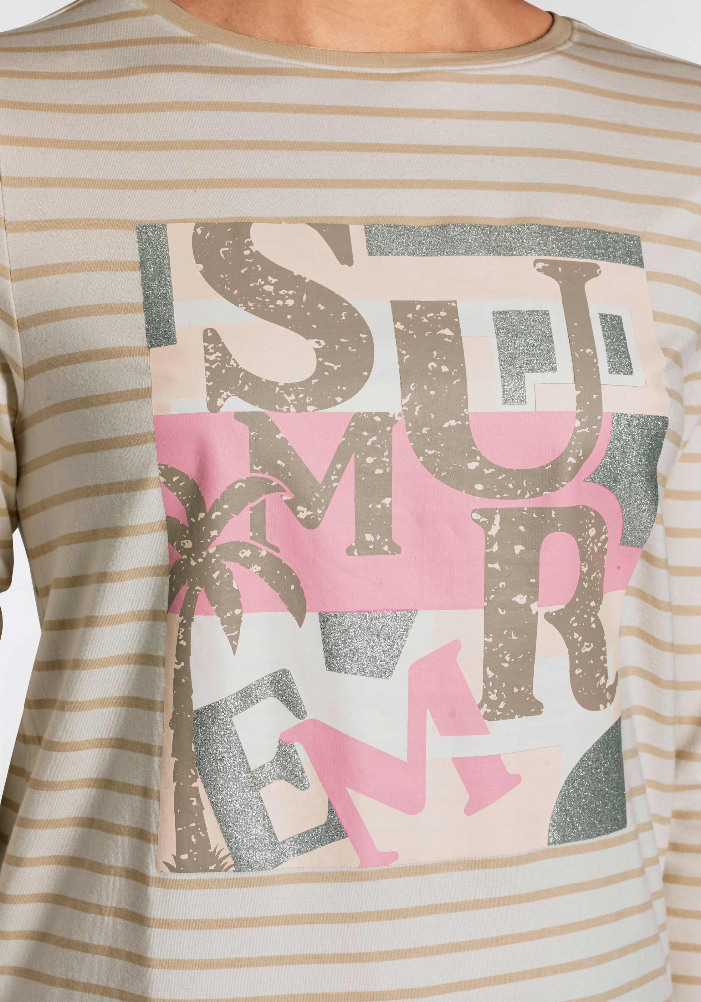 Boysen's 3/4-Arm-Shirt, mit Ringelstreifen und glitzernem Front-Print