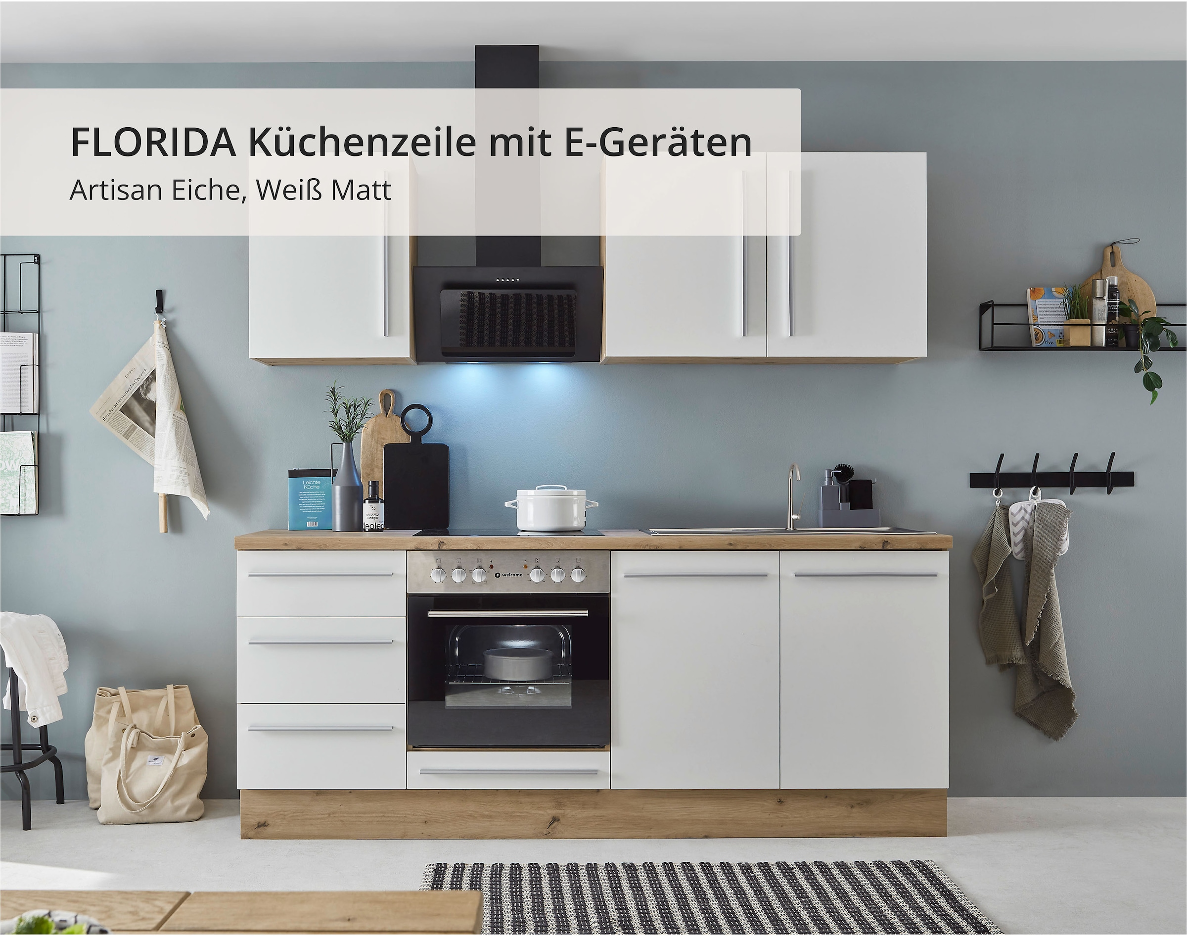 KOCHSTATION Küchenzeile »KS-Florida mit 38mm starker Arbeitsplatte« Breite 210 cm, wahlweise mit E-Geräten, Soft-Close-Funktion