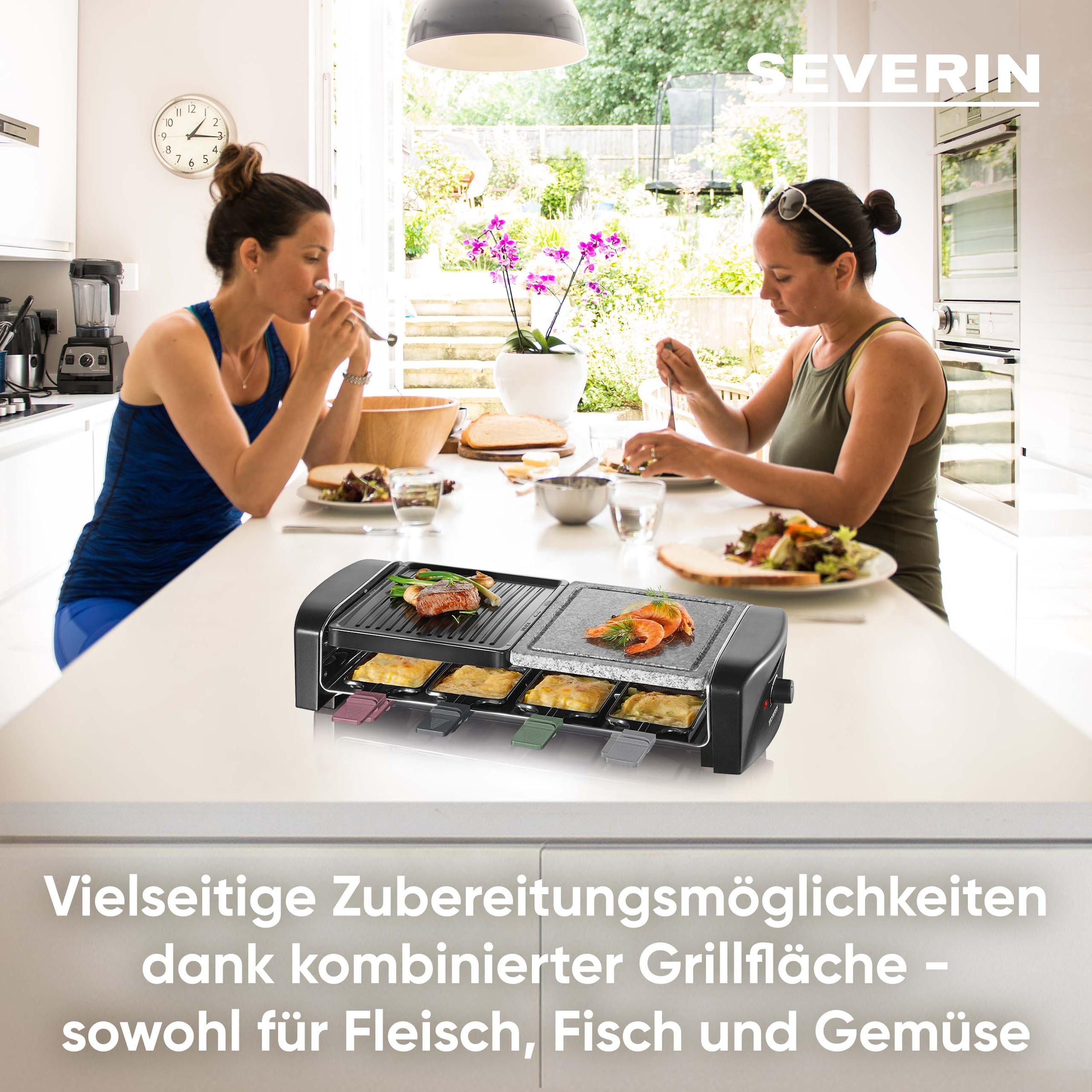 Severin Raclette »RG 9645« 8 Stk. Raclettepfännchen 1.400 W Naturgrillstein & antihaftbeschichtete Grillplatte, 8 Personen, 1400W