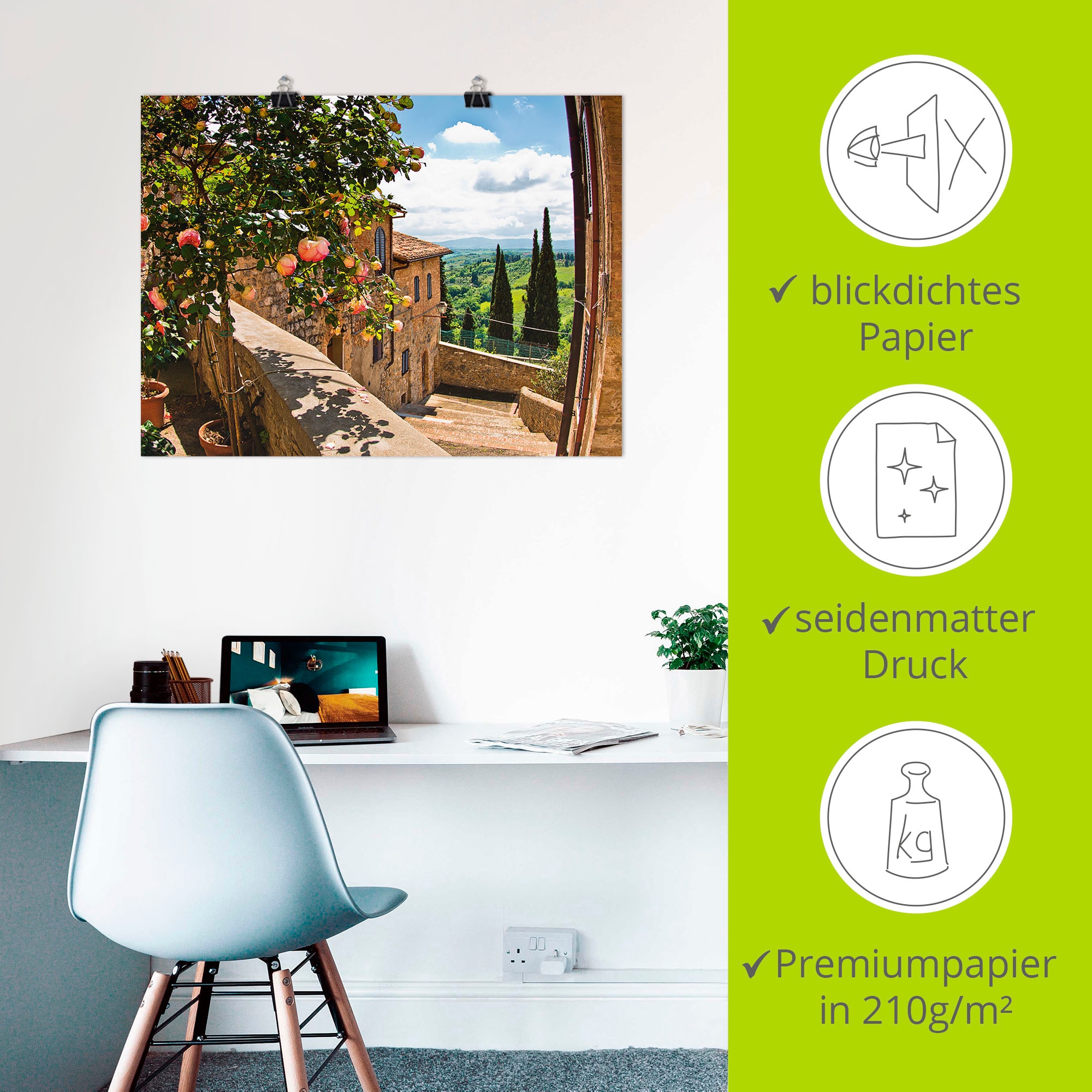 Artland Wandbild »Rosen auf Balkon Toskanalandschaft« Garten 1 Stk. tlg. als Alubild, Outdoorbild, Leinwandbild, Poster, Wandaufkleber