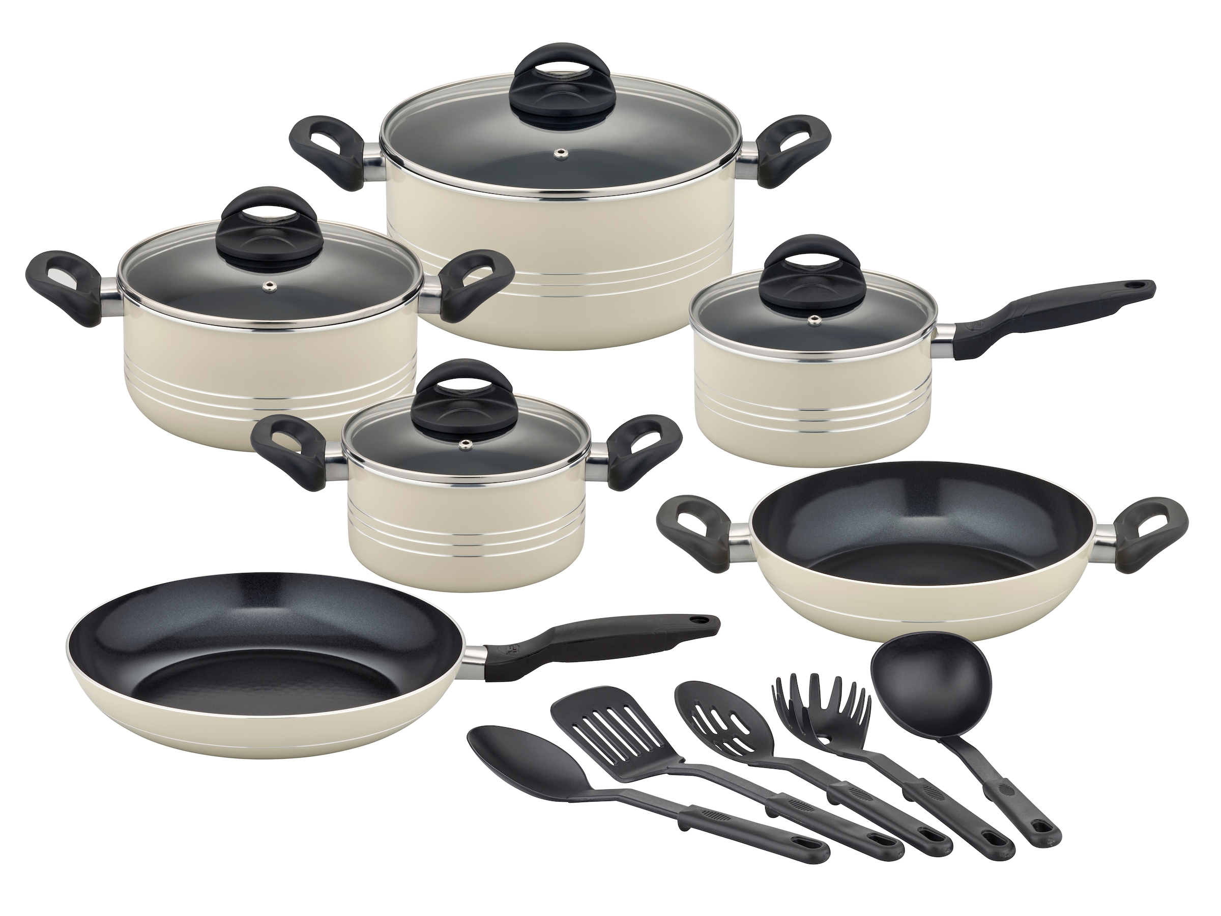 GSW Topf-Set »Milano, inkl. 5-teiliges Küchenhelfer-Set« Set, je 1 Kochtopf 16/20/24cm, 1 Stielkasserolle 16cm, je 1 Pfanne 24/28cm, 15 Stk. tlg. Aluminium | Kunststoff