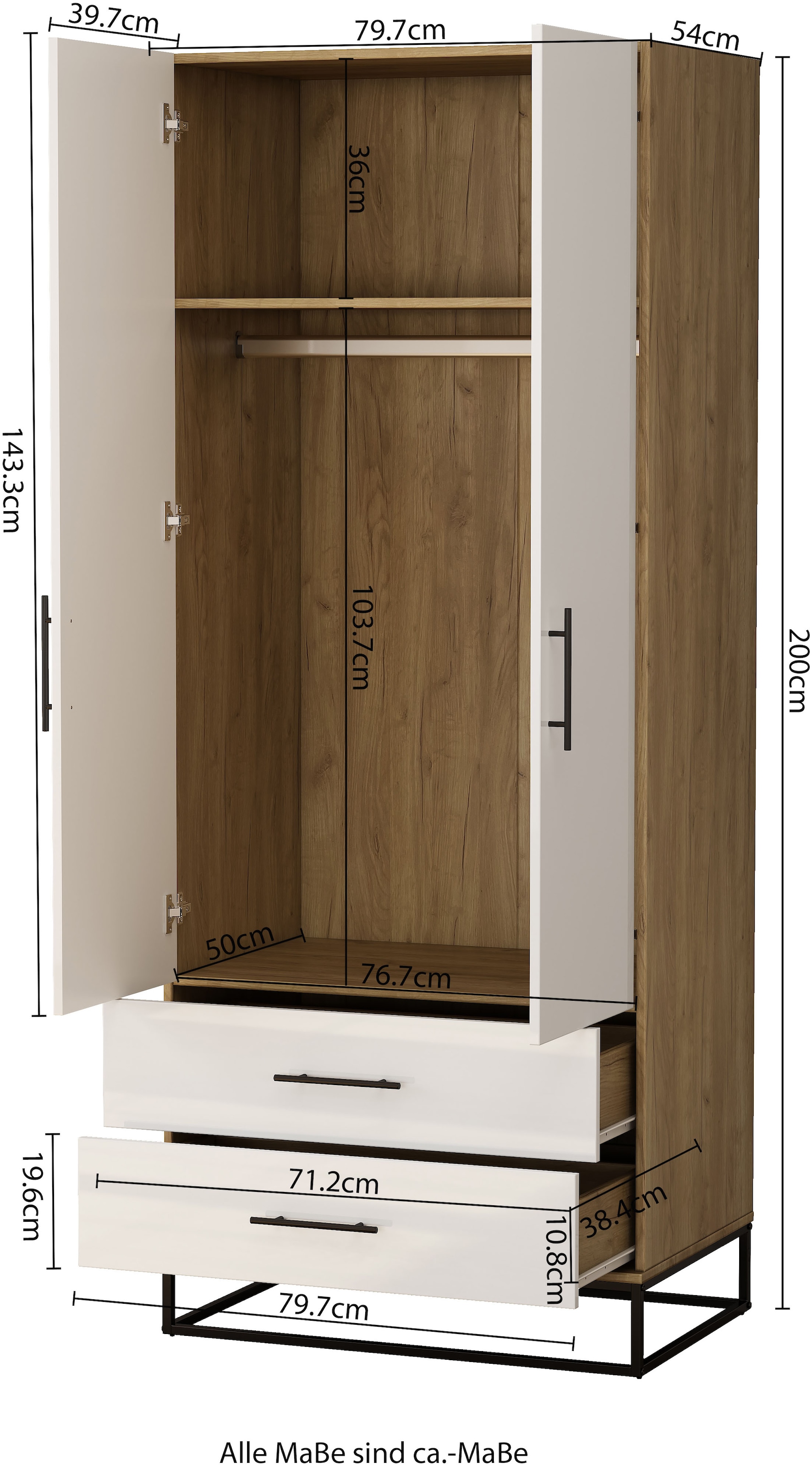 OTTO home Kleiderschrank »Lucca Schlafzimmerschrank Garderobe hochglanz Bestseller« Hochwertige schwarze Griffe und Kufengestell,  Schlafzimmerschrank mit 2 Türen und 2 Schubladen, Breite 80cm