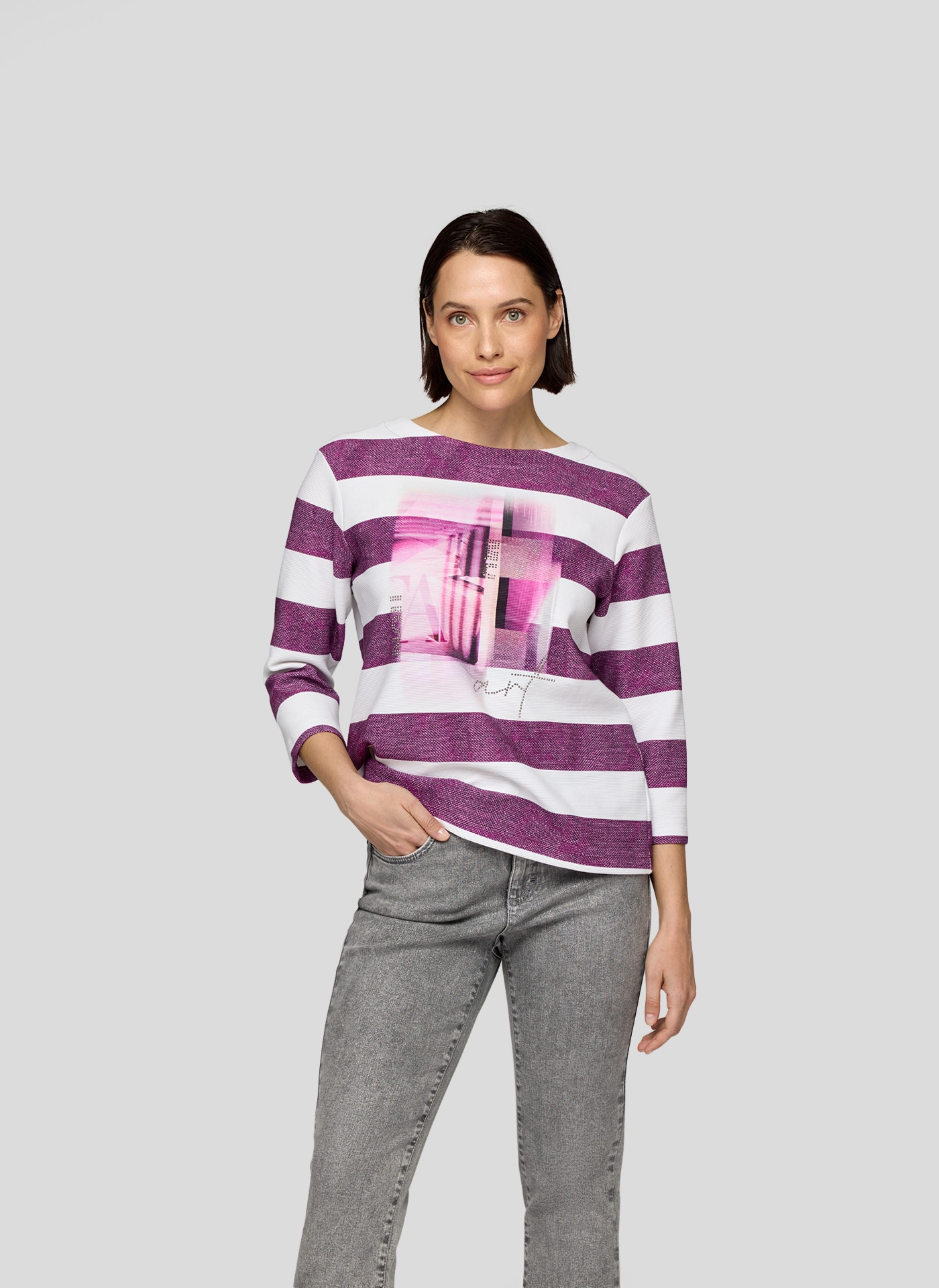 Rabe Damen 3/4-Arm-Shirt im Streifen-Design und mit Print in lila, Größe 38