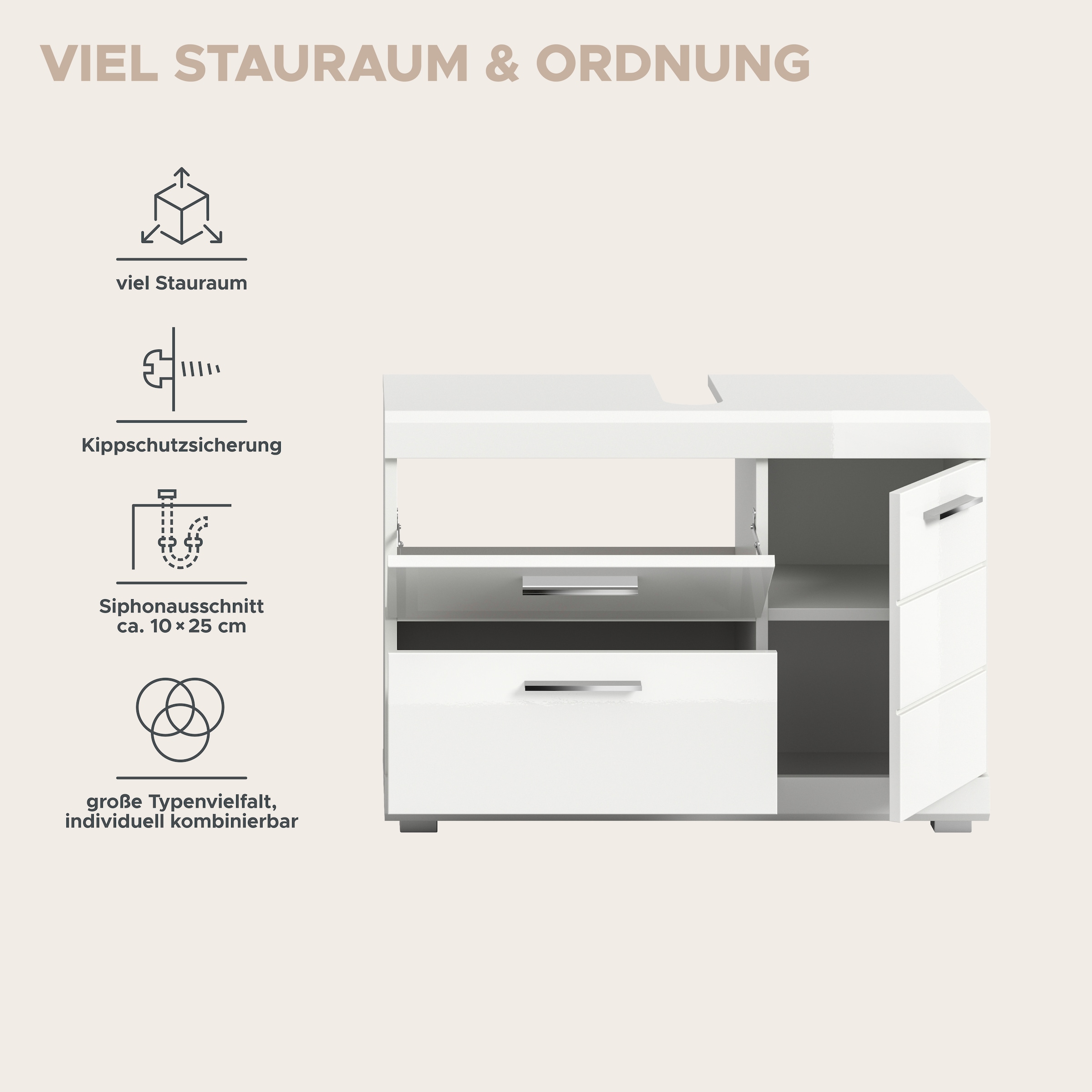 welltime Waschbeckenunterschrank »SIENA, Breite 80cm, 1 Tür, 1 Schubkasten, 1 Klappe, 2 Fächer,MDF-Front« WBU, Badmöbel, Badschrank, Kommode, Unterschrank, Bad, Badezimmer