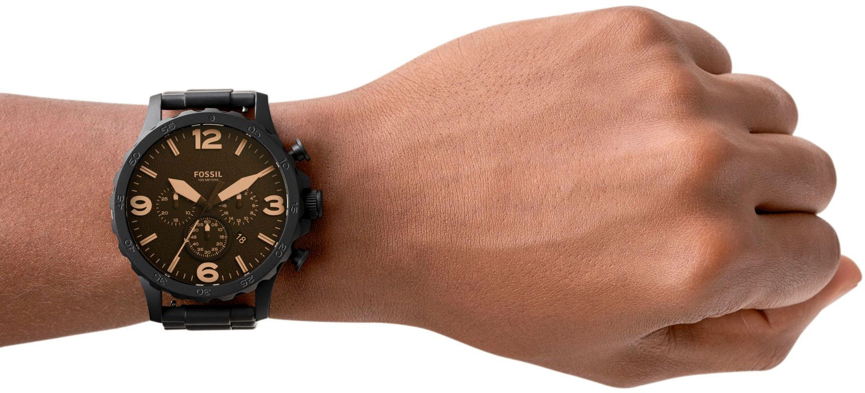 Fossil Chronograph »NATE«, Quarzuhr, Armbanduhr, Herrenuhr, Stoppfunktion, Edelstahlarmband,Datum